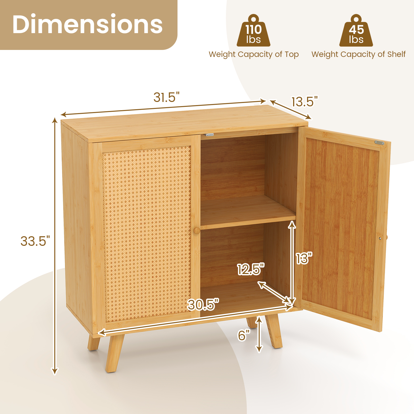 OUTGOO Bamboo Buffet Storage Cabinet with PE Rattan Doors and Freestanding Kitchen Cupboard