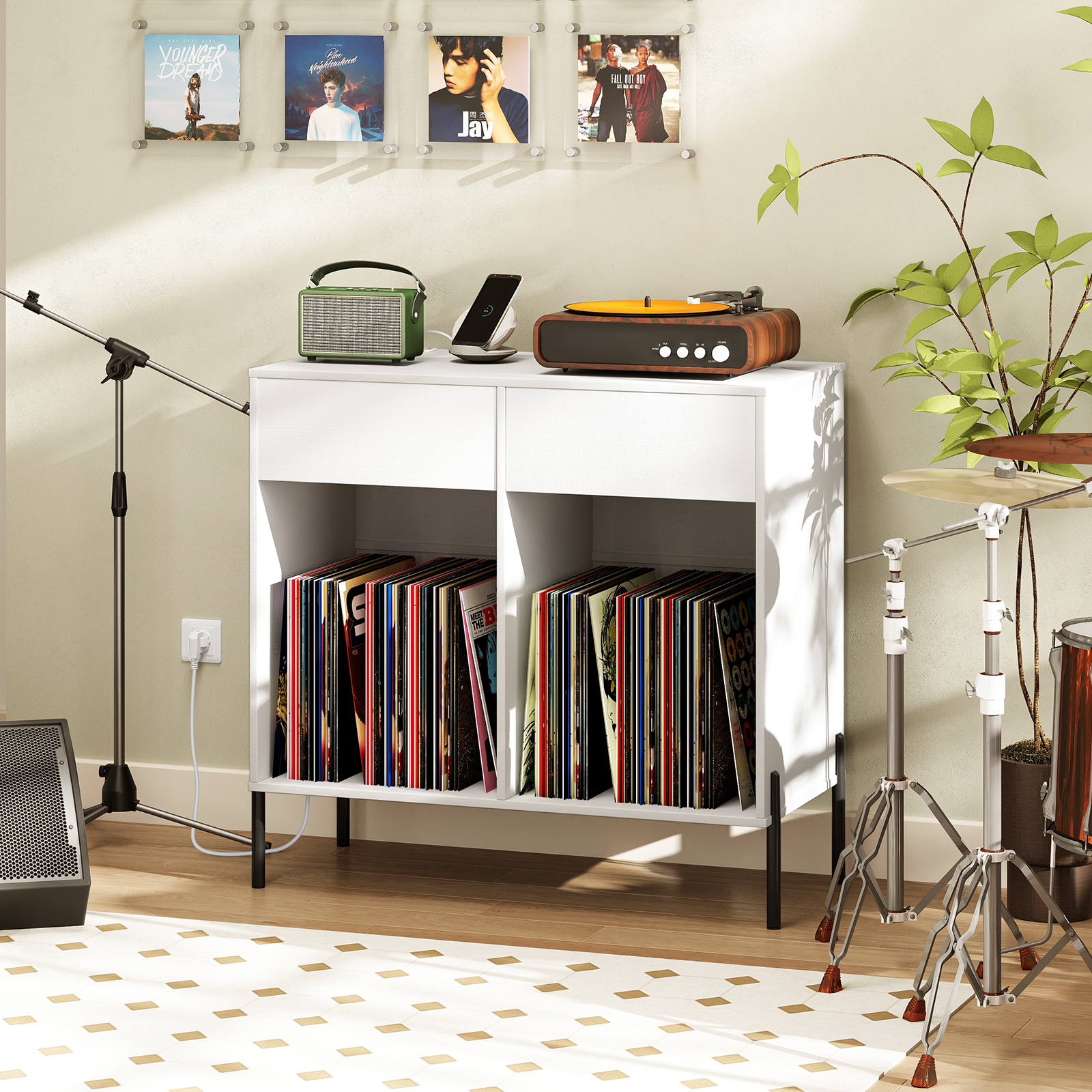 OUTGOO Record Player Stand with Power Outlets Double Wide Turntable Stand Vinyl Record Storage Table