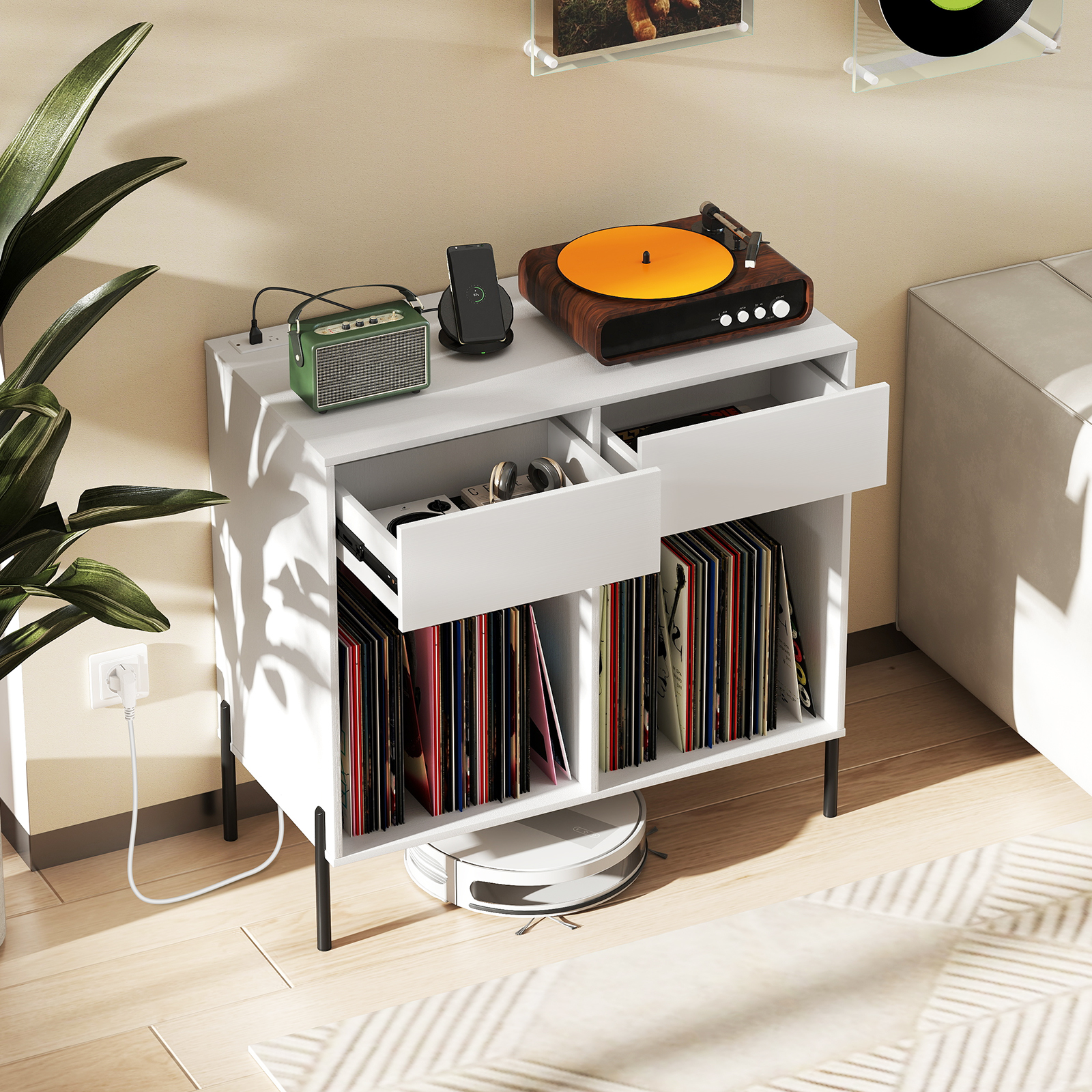 OUTGOO Record Player Stand with Power Outlets Double Wide Turntable Stand Vinyl Record Storage Table