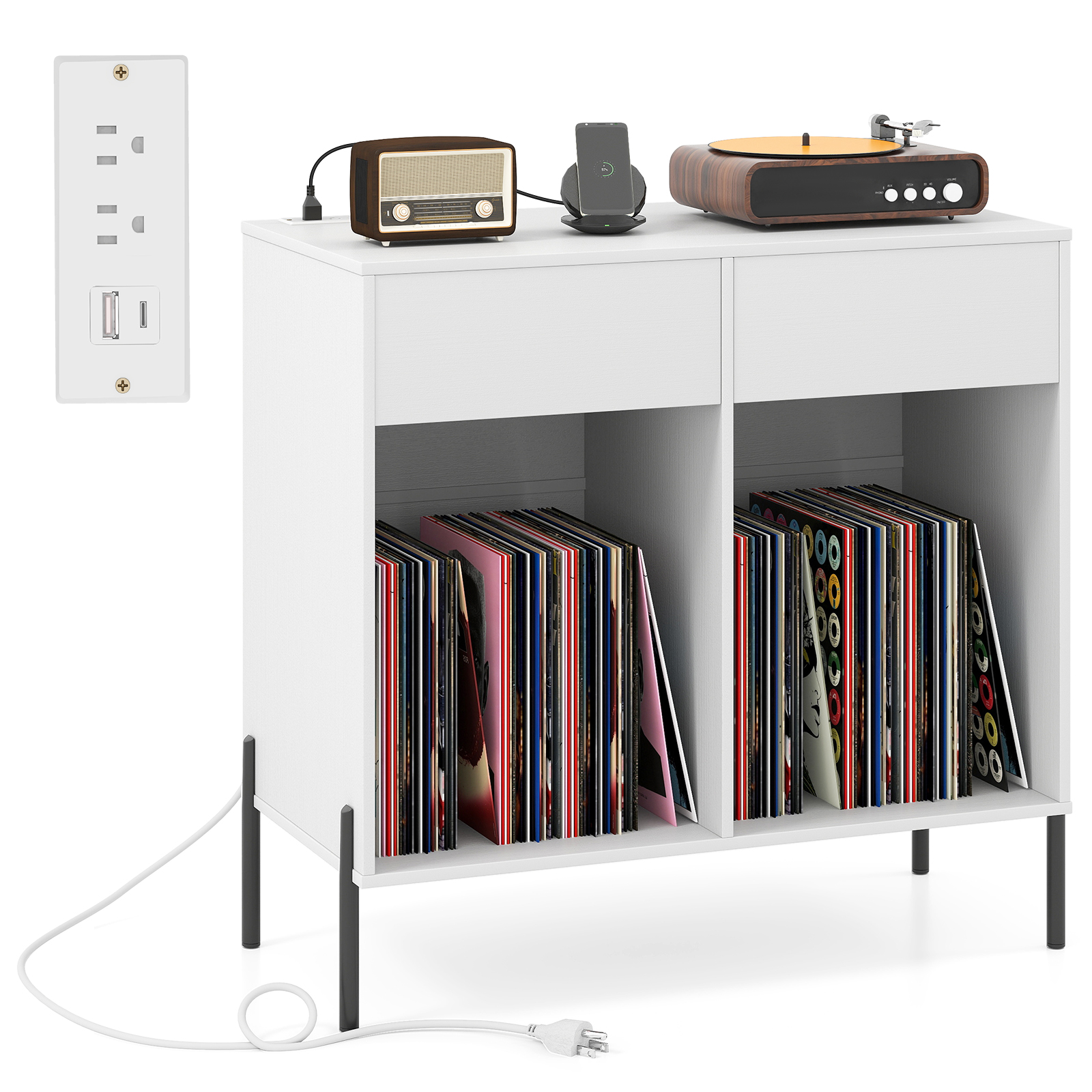OUTGOO Record Player Stand with Power Outlets Double Wide Turntable Stand Vinyl Record Storage Table