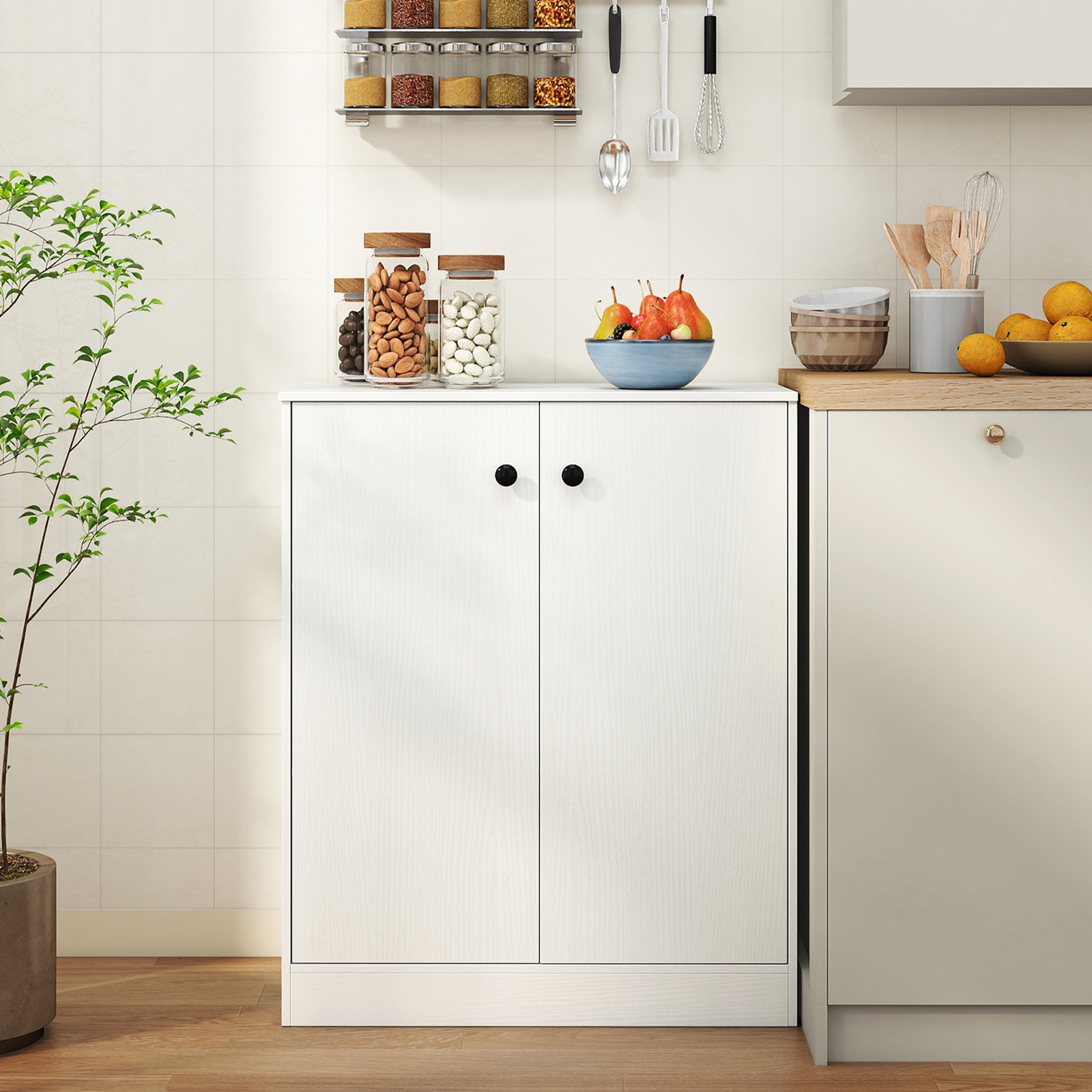 OUTGOO 2 Door Storage Base Cabinet with 3-Tier Shelf for Home, Patio, Outdoor and Everyday Use