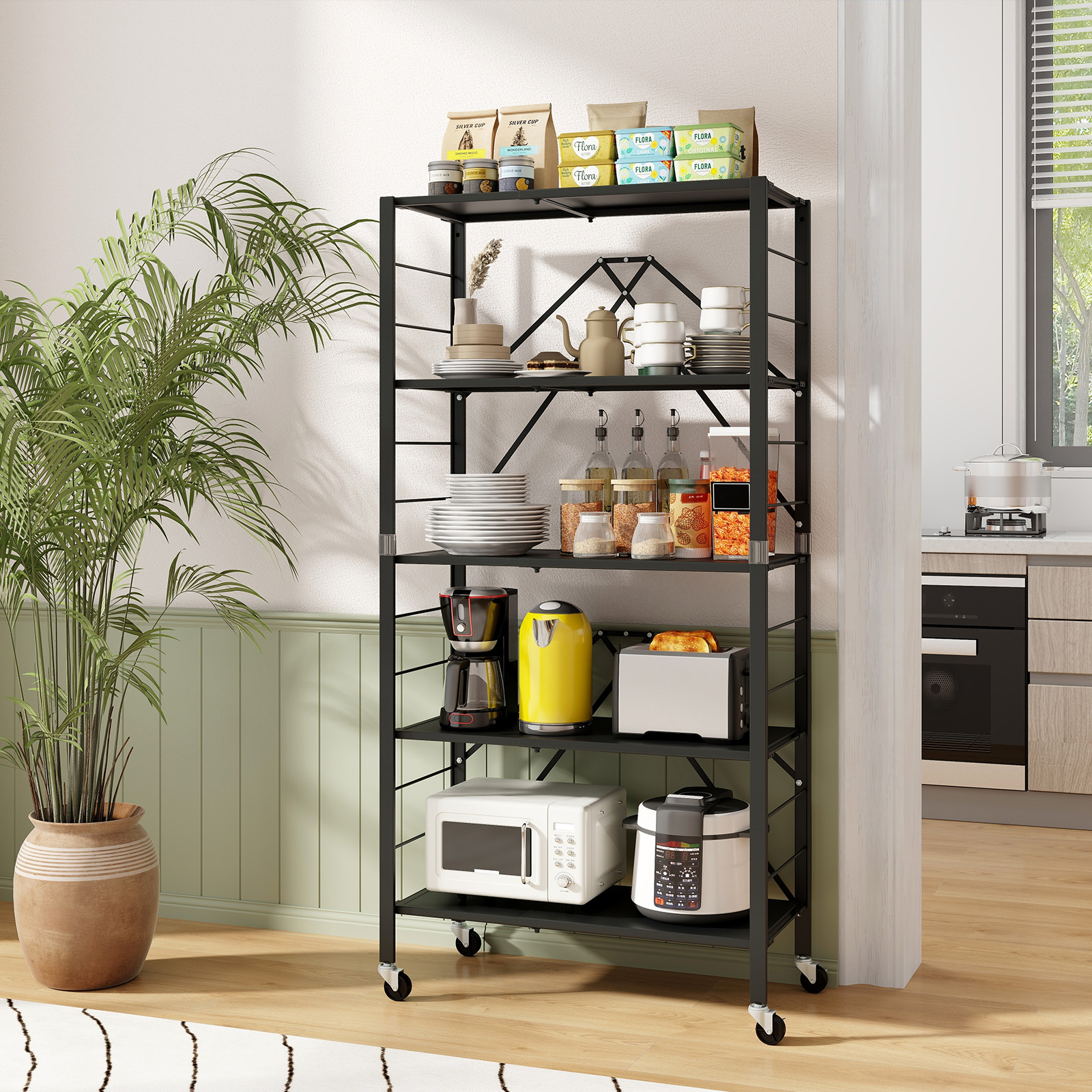 OUTGOO 5-Tier Foldable Storage Shelf with Wheels for Home, Patio, Outdoor and Everyday Use