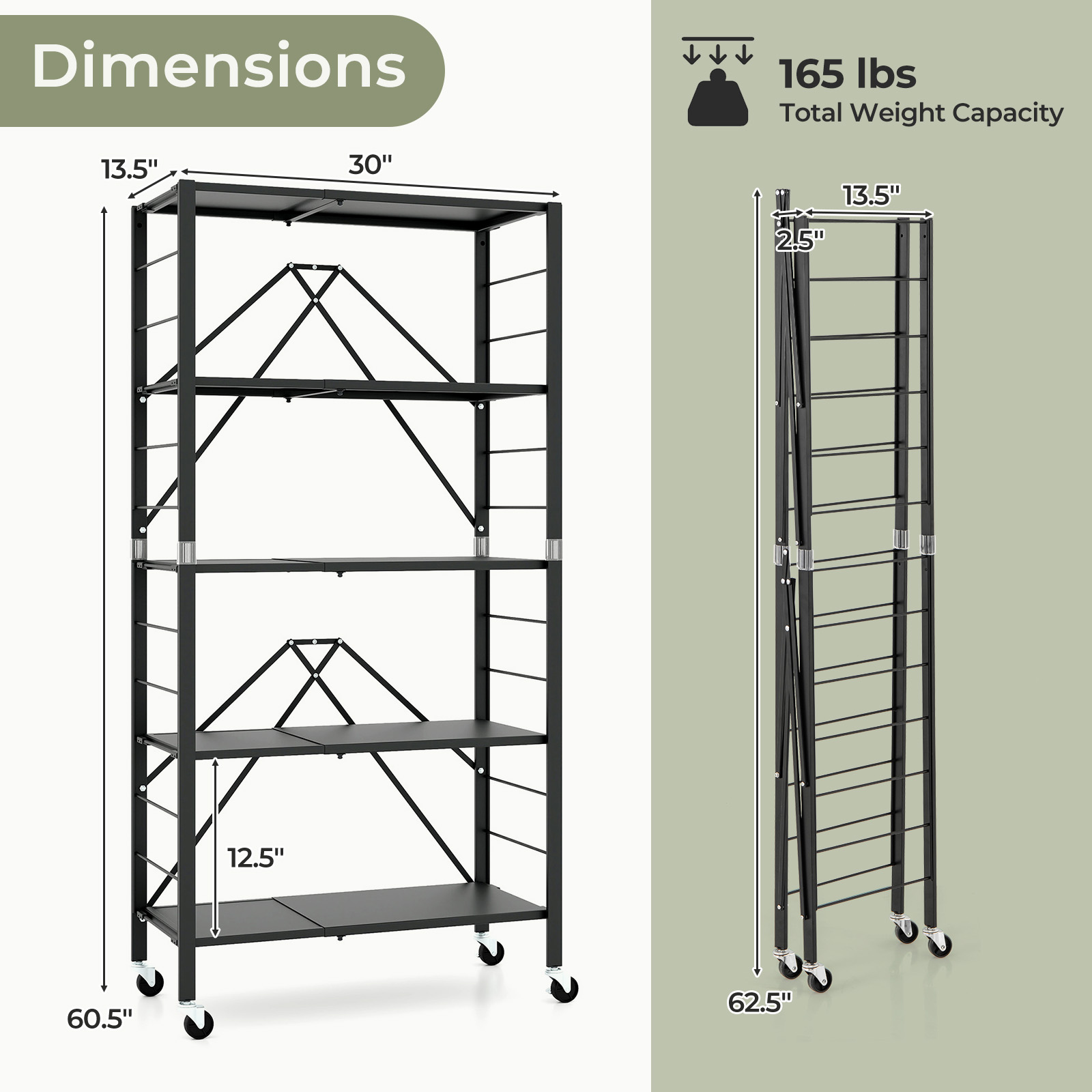 OUTGOO 5-Tier Foldable Storage Shelf with Wheels for Home, Patio, Outdoor and Everyday Use
