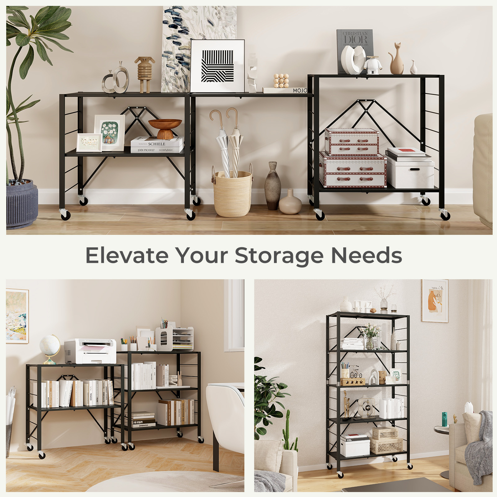 OUTGOO 5-Tier Foldable Storage Shelf with Wheels for Home, Patio, Outdoor and Everyday Use