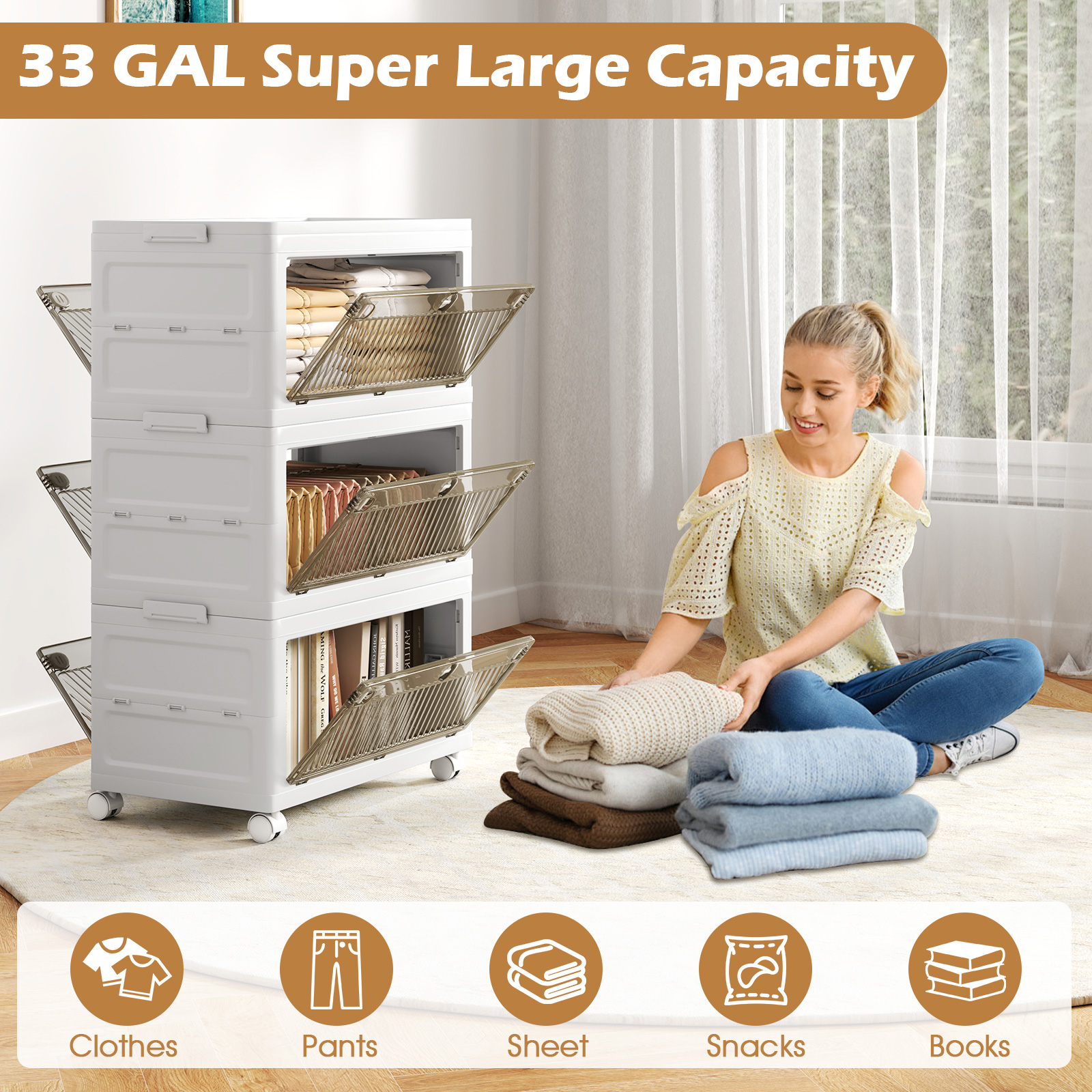 OUTGOO 33 Gal 3-Pack Stackable Plastic Storage Bins with Lid for Bedroom Living Room