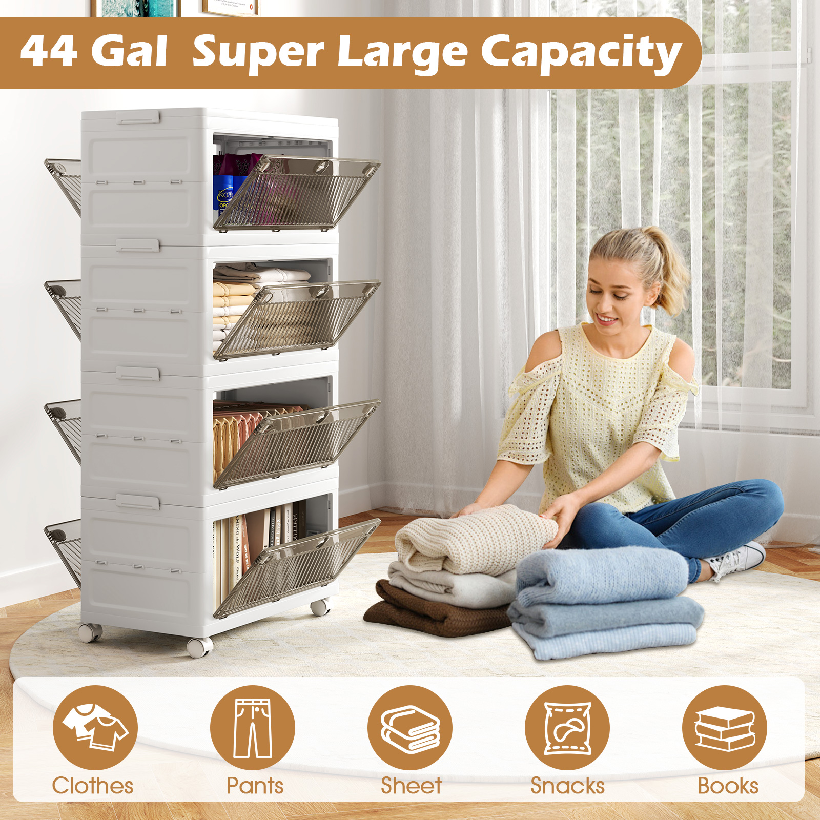 OUTGOO 44 Gal 4-Pack Stackable Plastic Storage Bins with Lid for Bedroom Living Room
