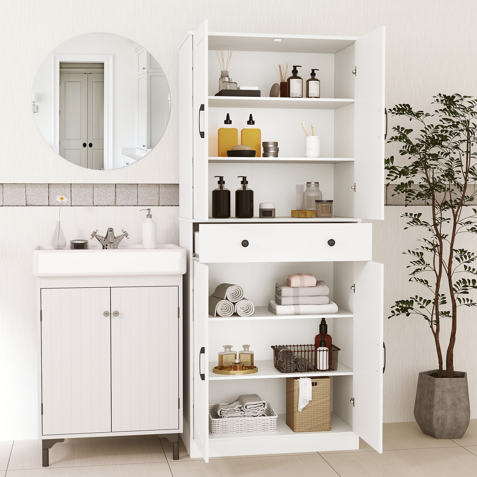 OUTGOO 72 Inch Tall Modern Farmhouse Cupboard Cabinet with 4 Barn Doors for Home, Patio, Outdoor and Everyday Use
