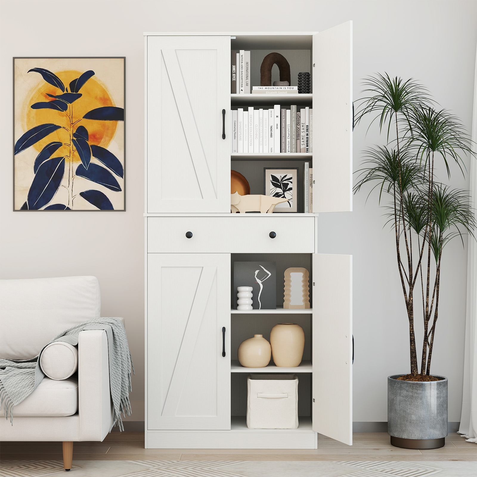 OUTGOO 72 Inch Tall Modern Farmhouse Cupboard Cabinet with 4 Barn Doors for Home, Patio, Outdoor and Everyday Use