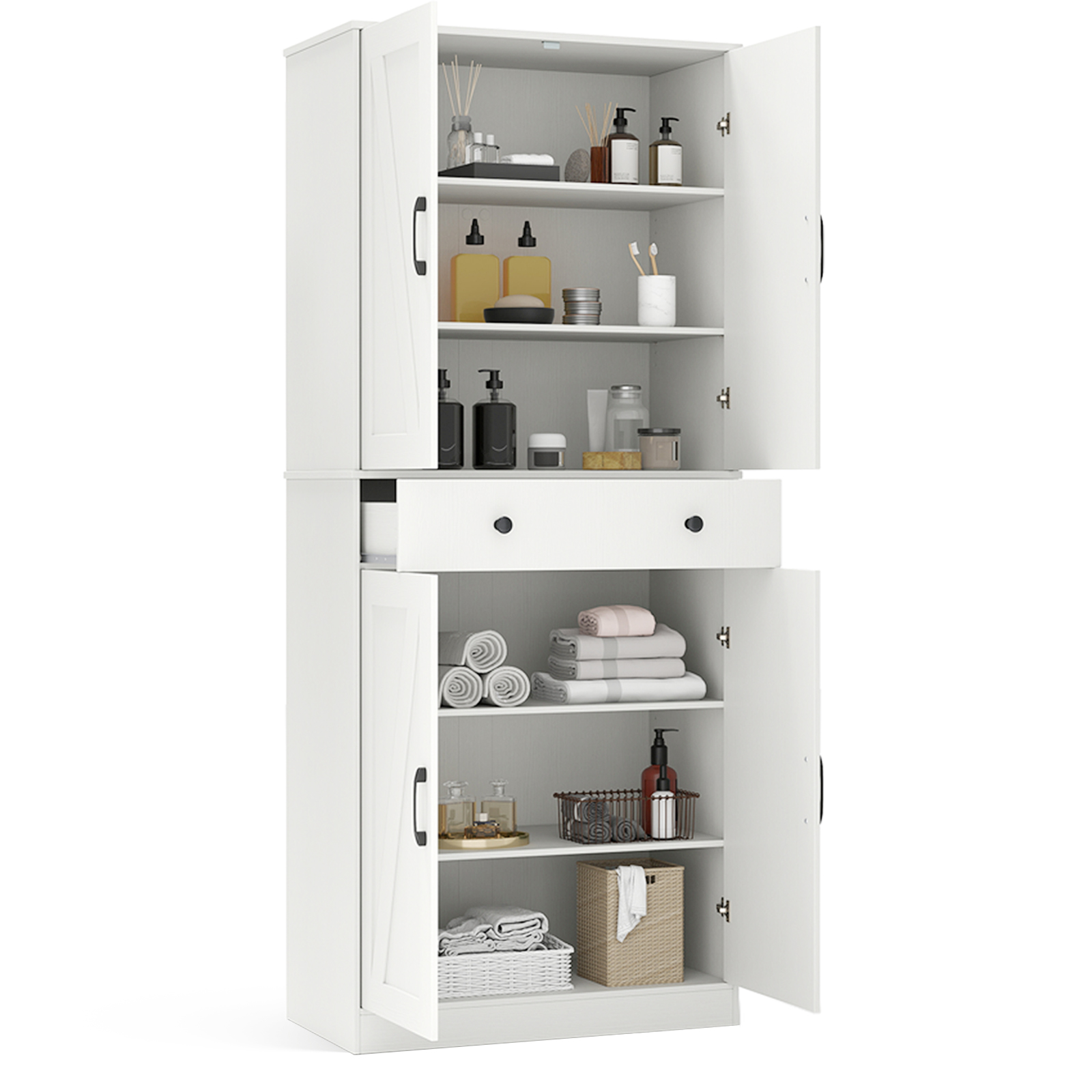 OUTGOO 72 Inch Tall Modern Farmhouse Cupboard Cabinet with 4 Barn Doors for Home, Patio, Outdoor and Everyday Use