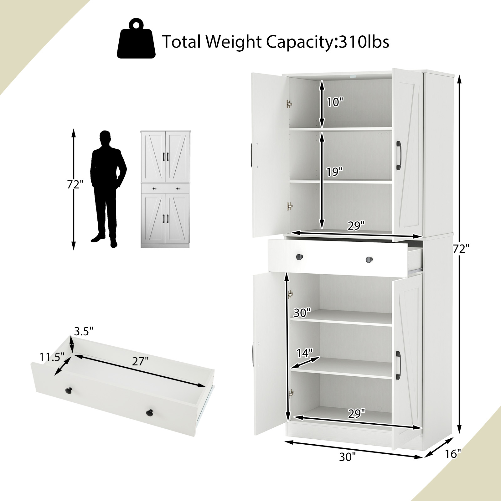 OUTGOO 72 Inch Tall Modern Farmhouse Cupboard Cabinet with 4 Barn Doors for Home, Patio, Outdoor and Everyday Use