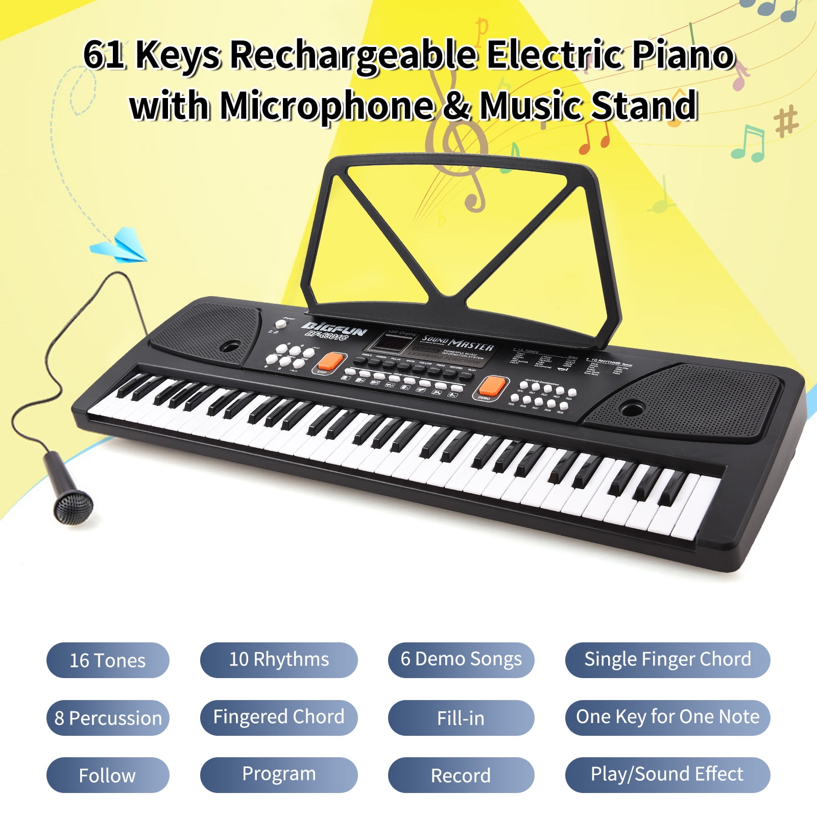 OUTGOO Kids Keyboard Piano, Portable 61 Keys Piano Keyboard for Beginners, Electronic Digital Piano with Built-in Dual Speaker, Microphone and Music Stand, for Boys Girls Ages 3-12