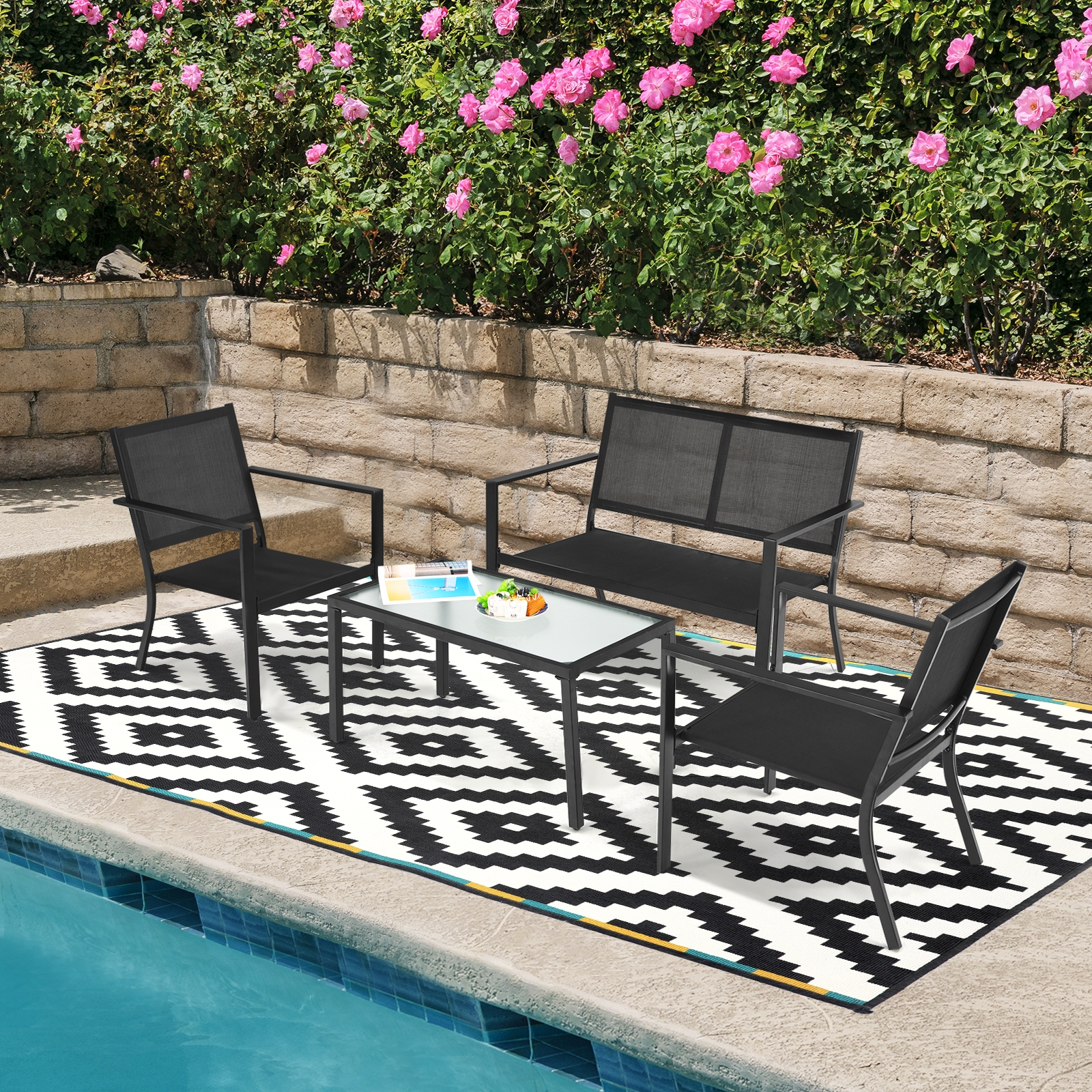 OUTGOO 4 Pieces Patio Furniture Set Sofa Coffee Table Steel Frame Garden for Home, Patio, Outdoor and Everyday Use