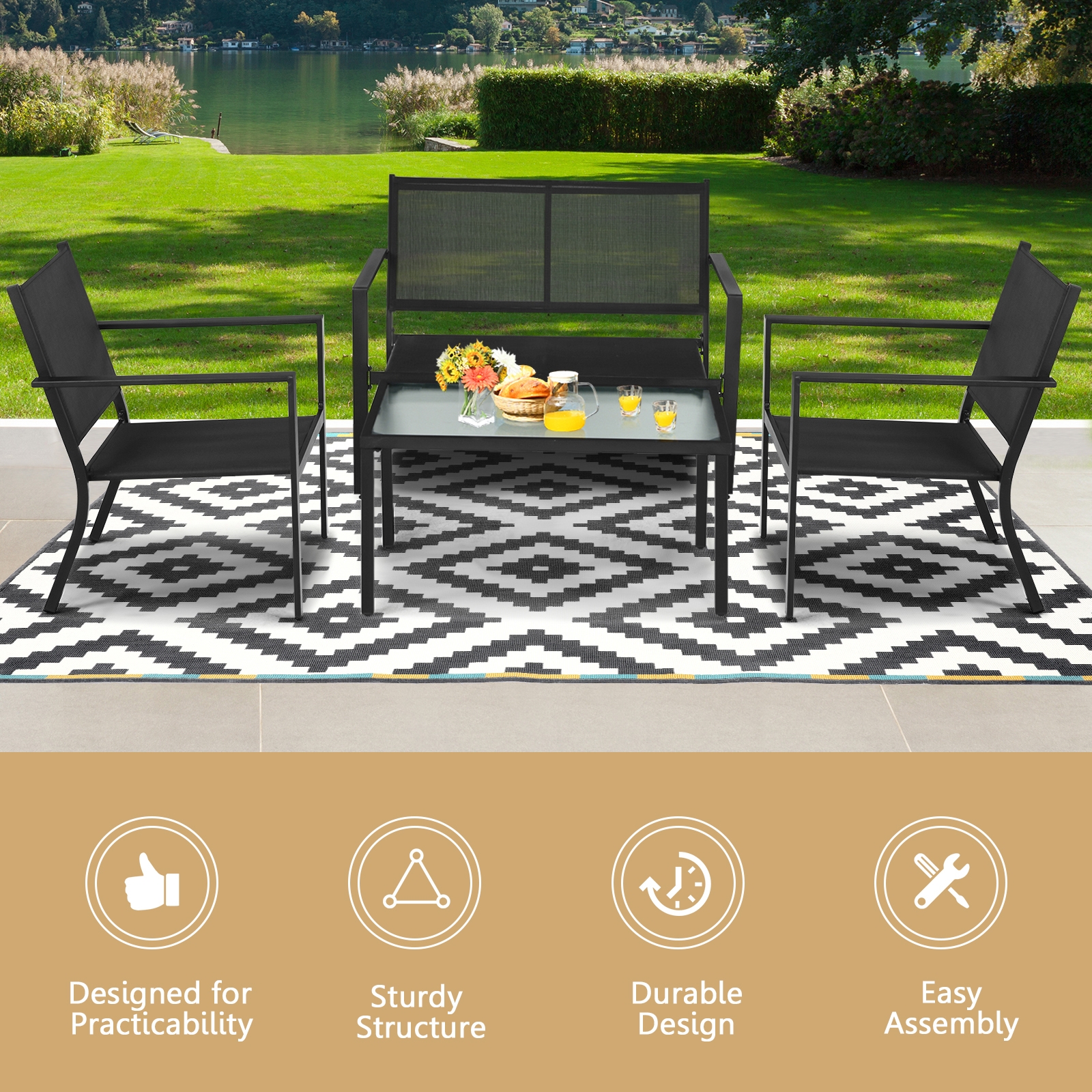 OUTGOO 4 Pieces Patio Furniture Set Sofa Coffee Table Steel Frame Garden for Home, Patio, Outdoor and Everyday Use