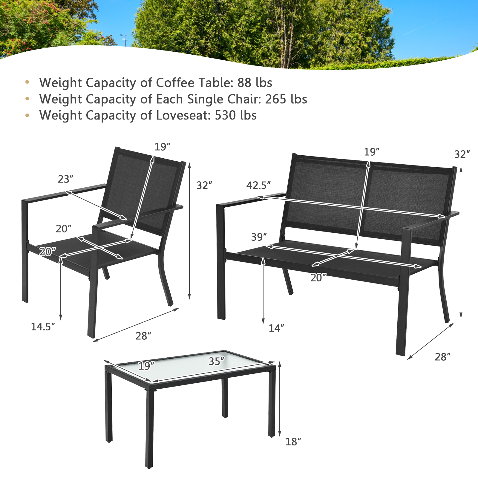 OUTGOO 4 Pieces Patio Furniture Set Sofa Coffee Table Steel Frame Garden for Home, Patio, Outdoor and Everyday Use