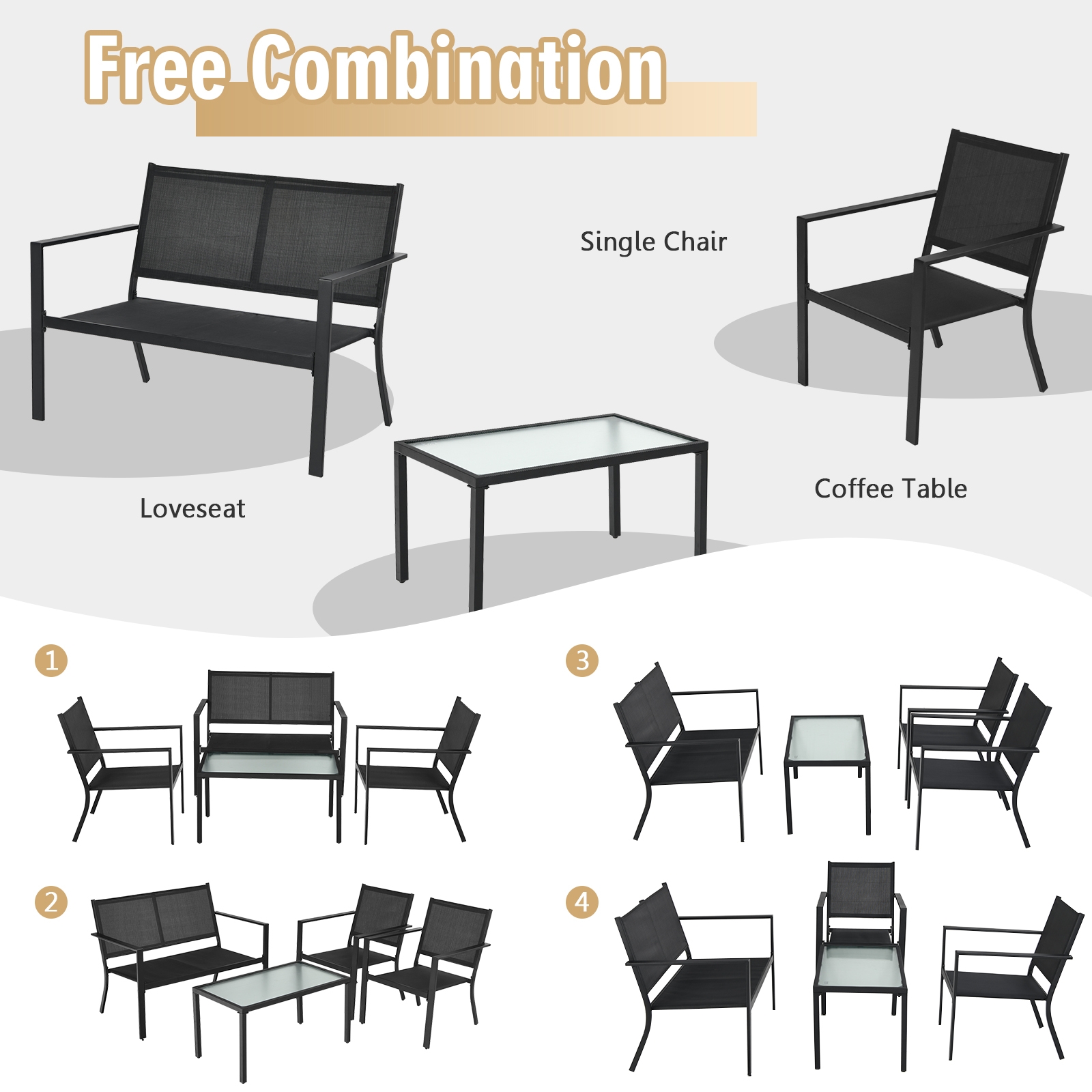 OUTGOO 4 Pieces Patio Furniture Set Sofa Coffee Table Steel Frame Garden for Home, Patio, Outdoor and Everyday Use