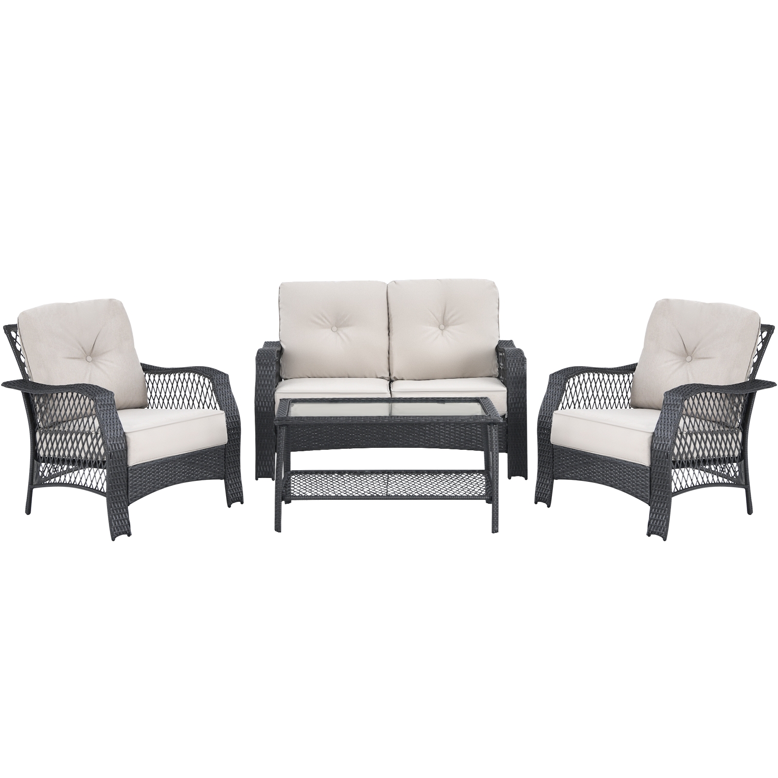 OUTGOO 4 Pieces Patio Wicker Furniture Set with Coffee Table and Cushions for Home, Patio, Outdoor and Everyday Use