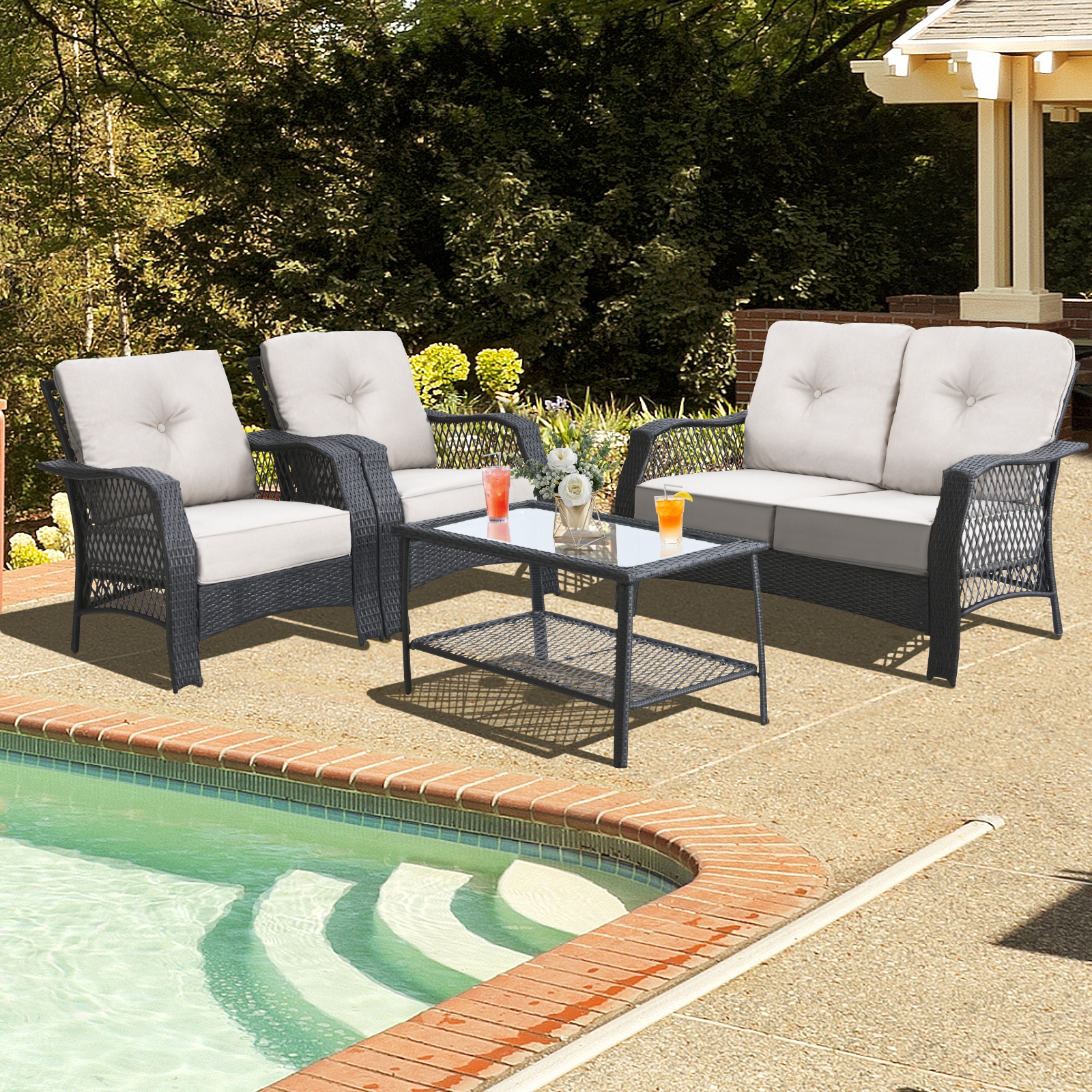 OUTGOO 4 Pieces Patio Wicker Furniture Set with Coffee Table and Cushions for Home, Patio, Outdoor and Everyday Use