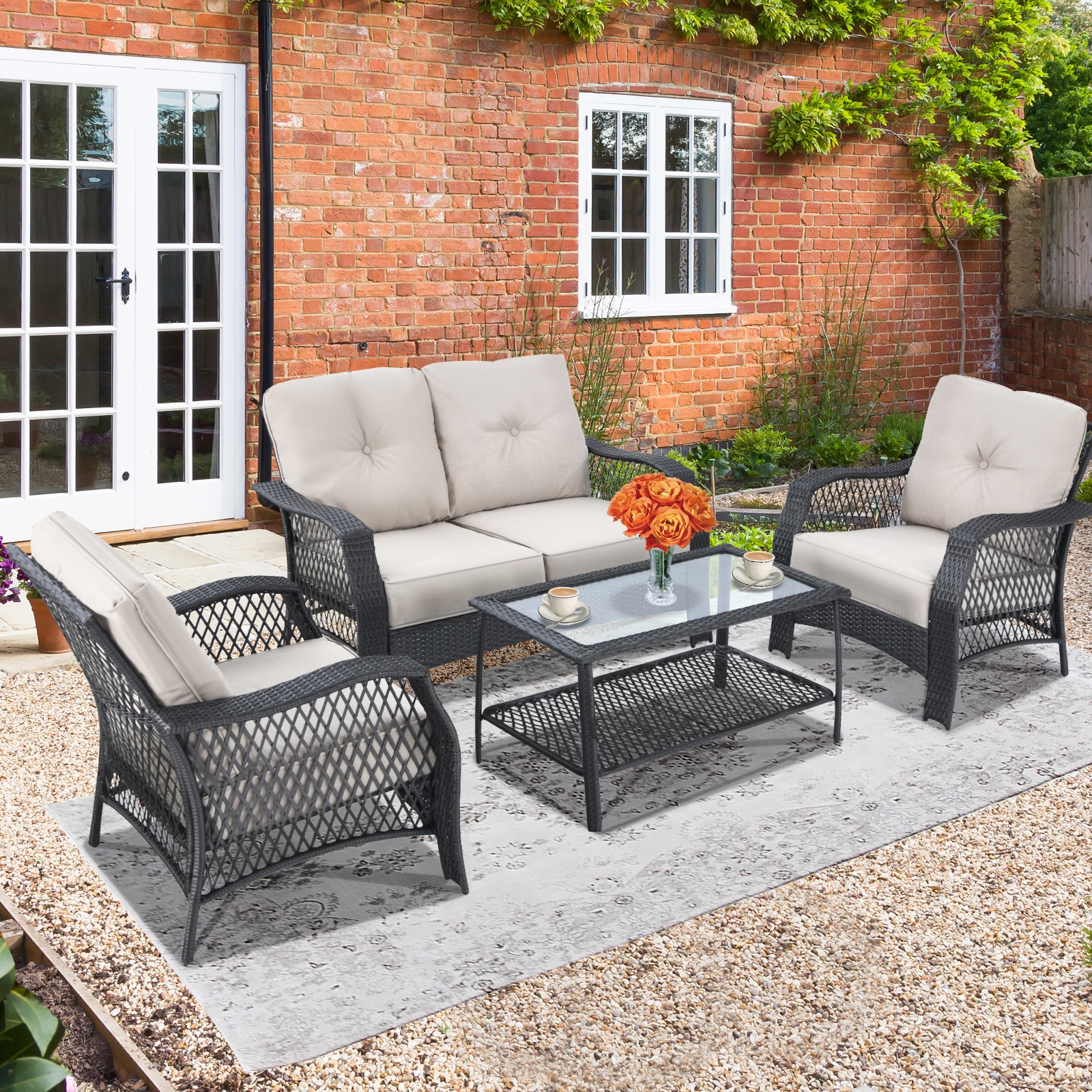 OUTGOO 4 Pieces Patio Wicker Furniture Set with Coffee Table and Cushions for Home, Patio, Outdoor and Everyday Use