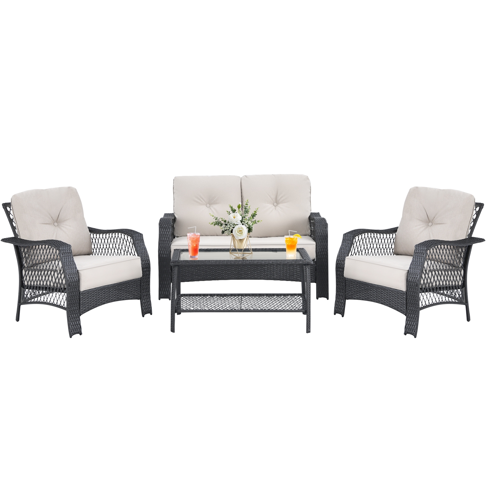 OUTGOO 4 Pieces Patio Wicker Furniture Set with Coffee Table and Cushions for Home, Patio, Outdoor and Everyday Use