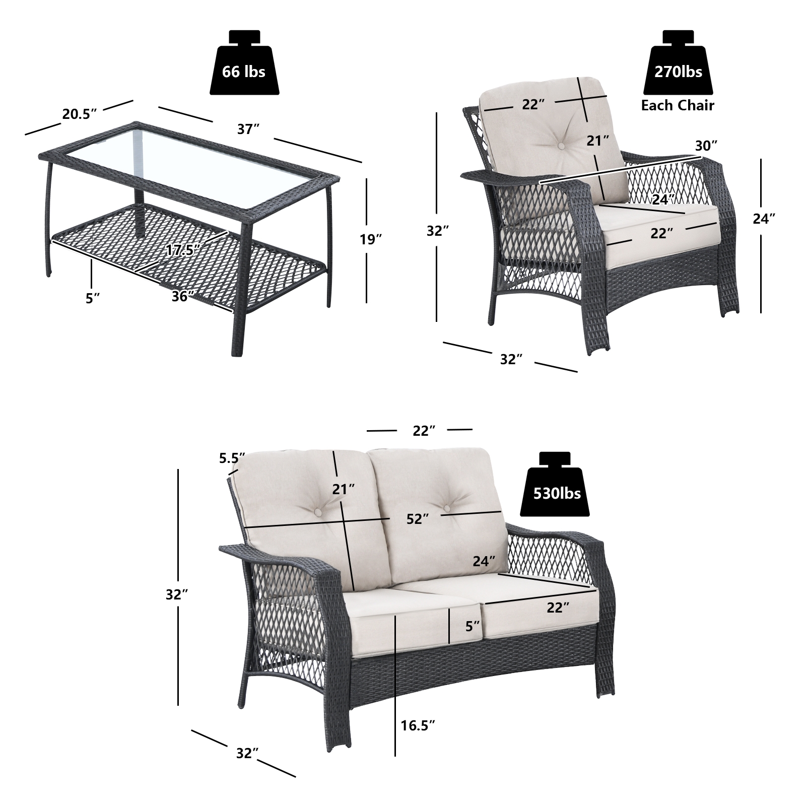 OUTGOO 4 Pieces Patio Wicker Furniture Set with Coffee Table and Cushions for Home, Patio, Outdoor and Everyday Use