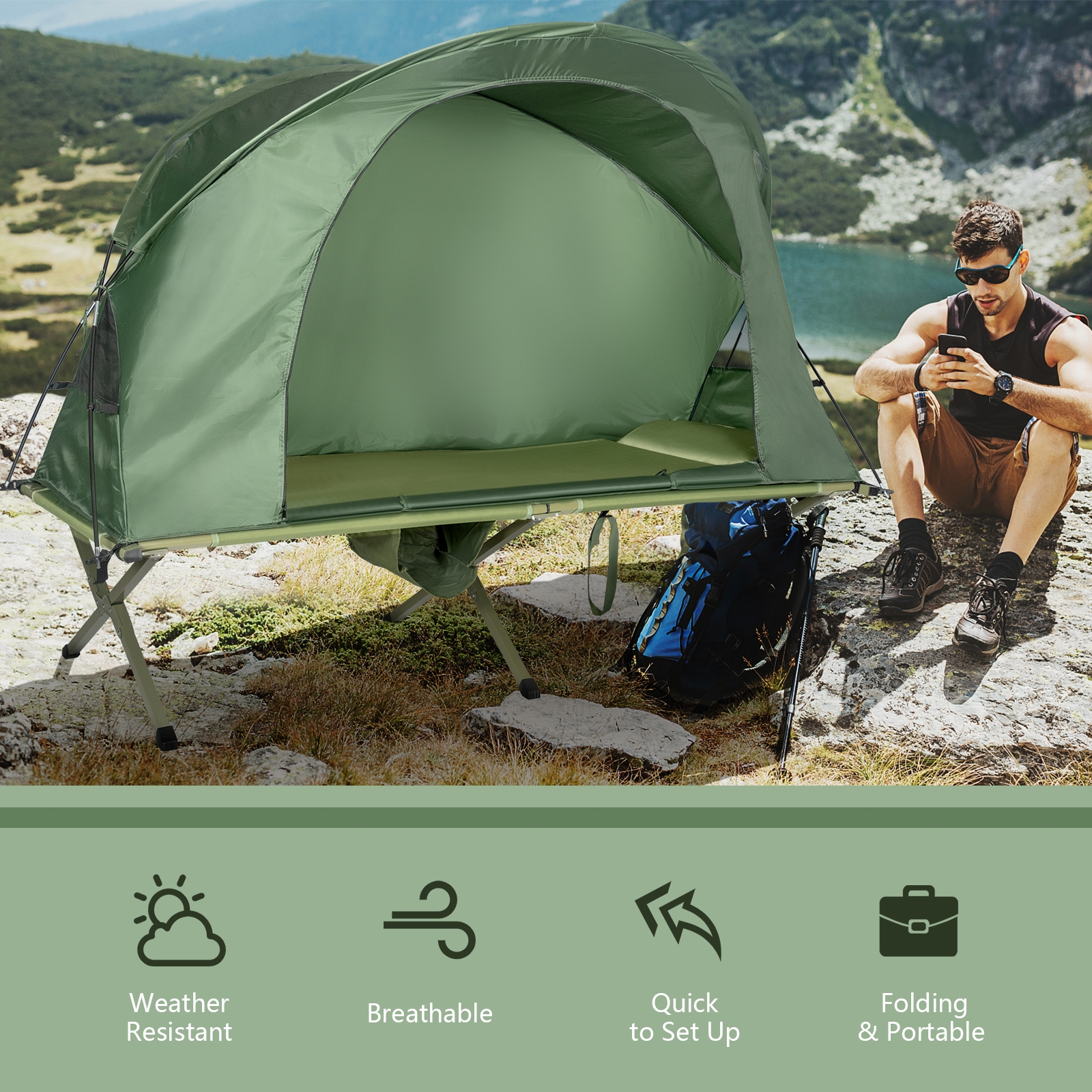 OUTGOO 1-Person Cot Elevated Compact Tent Set with External Cover for Home, Patio, Outdoor and Everyday Use
