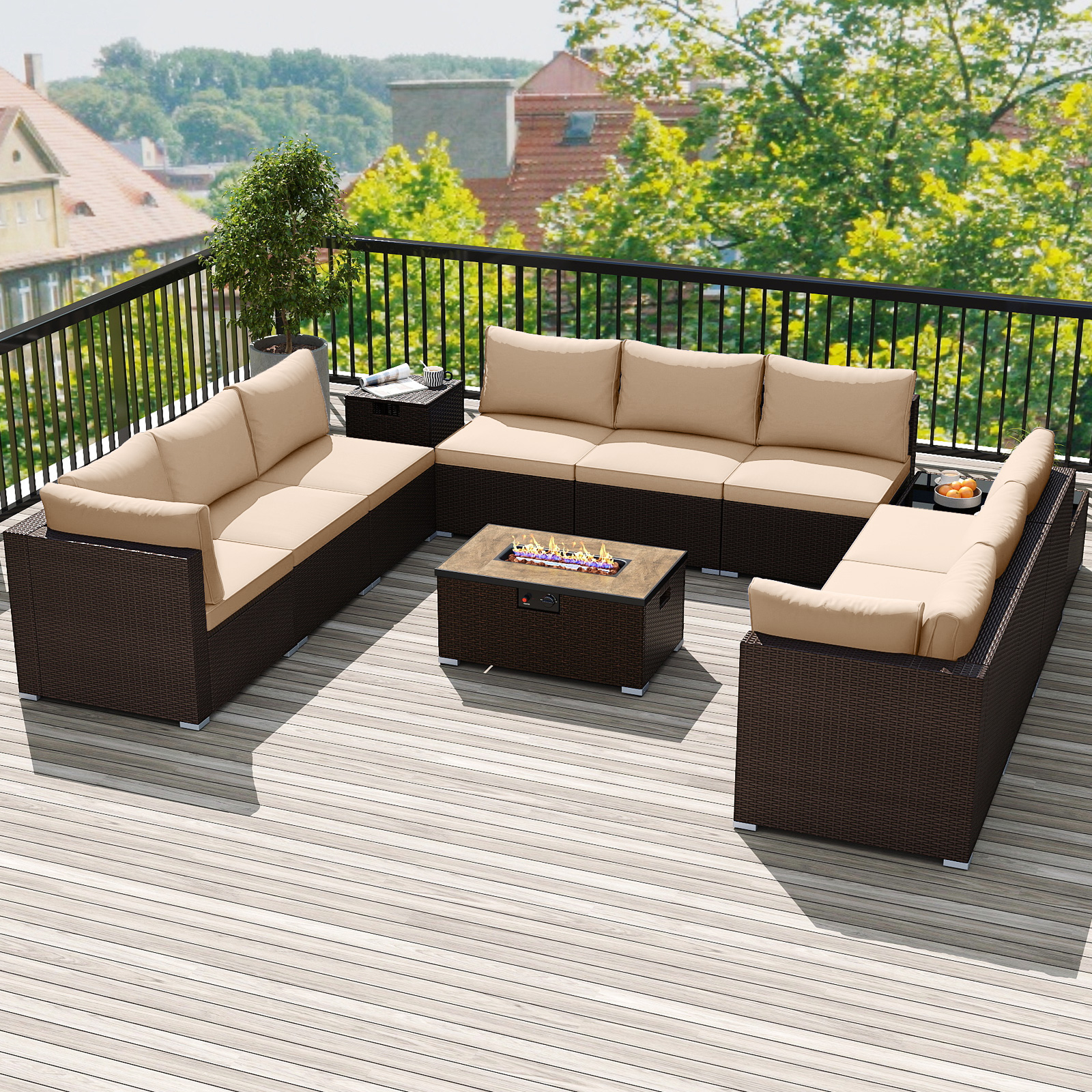 OUTGOO Outdoor PE Rattan Conversation Set with 32” Propane Fire Pit Table and Tank Holder
