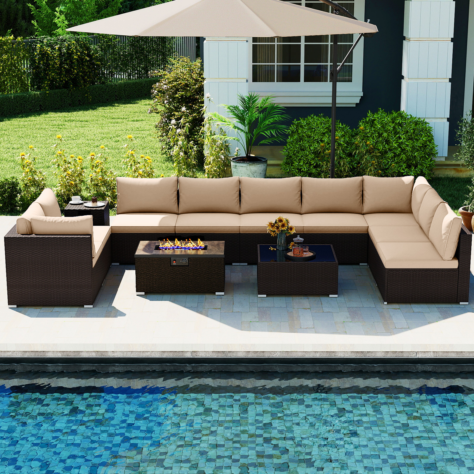 OUTGOO Outdoor PE Rattan Conversation Set with 32” Propane Fire Pit Table and Tank Holder