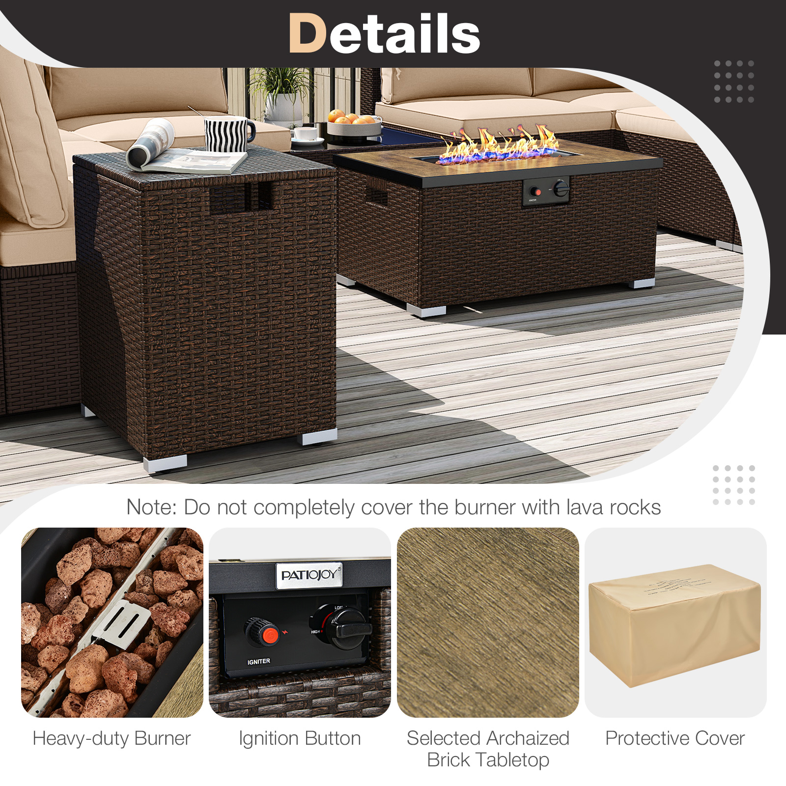 OUTGOO Outdoor PE Rattan Conversation Set with 32” Propane Fire Pit Table and Tank Holder