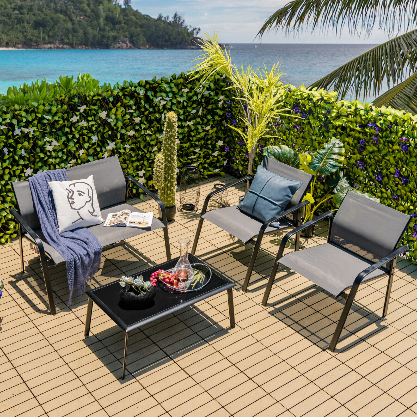 OUTGOO 4 Pieces Patio Furniture Set with Armrest Loveseat Sofas and Glass Table Deck