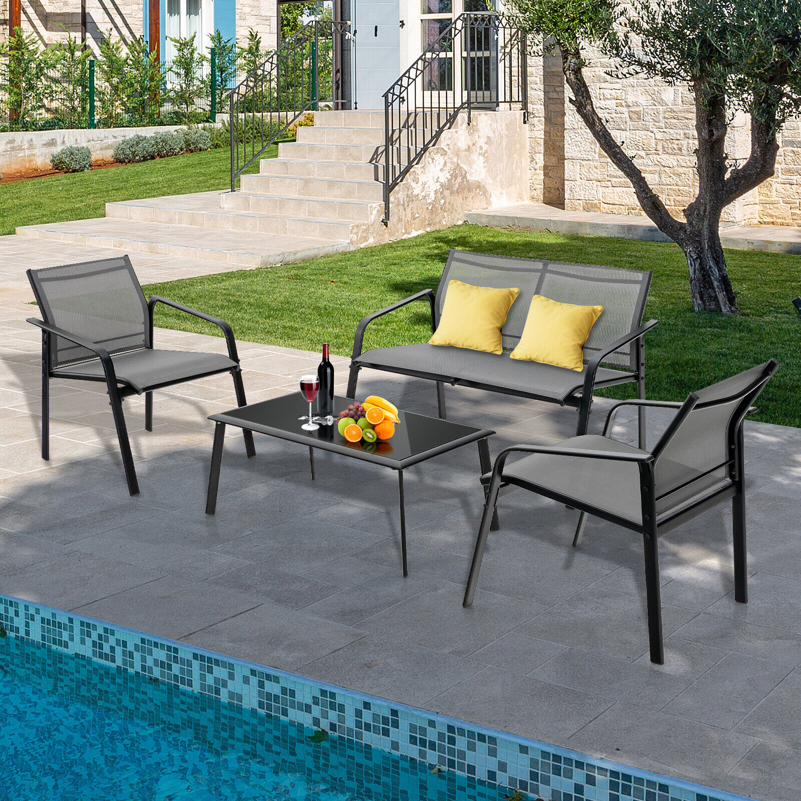 OUTGOO 4 Pieces Patio Furniture Set with Armrest Loveseat Sofas and Glass Table Deck