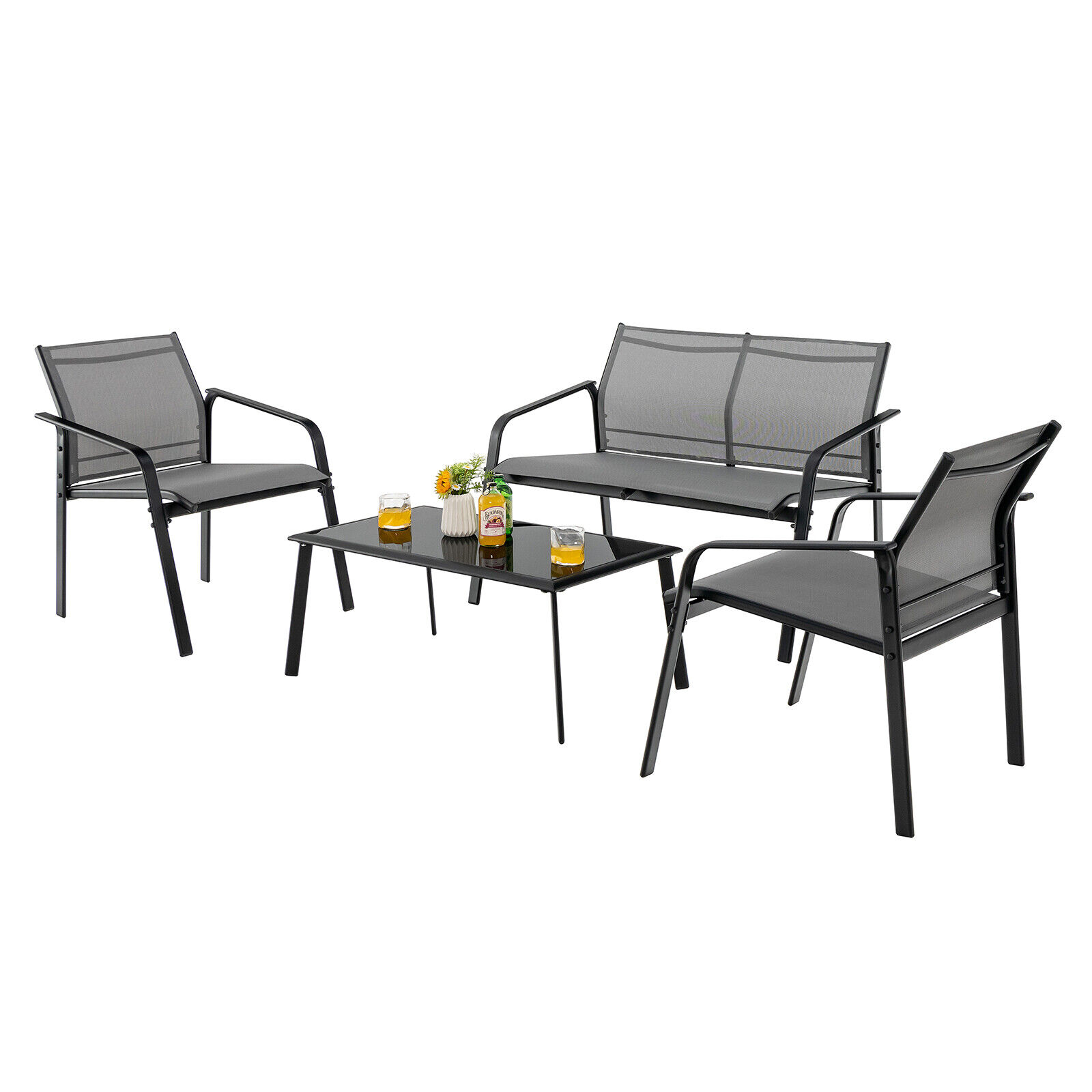 OUTGOO 4 Pieces Patio Furniture Set with Armrest Loveseat Sofas and Glass Table Deck