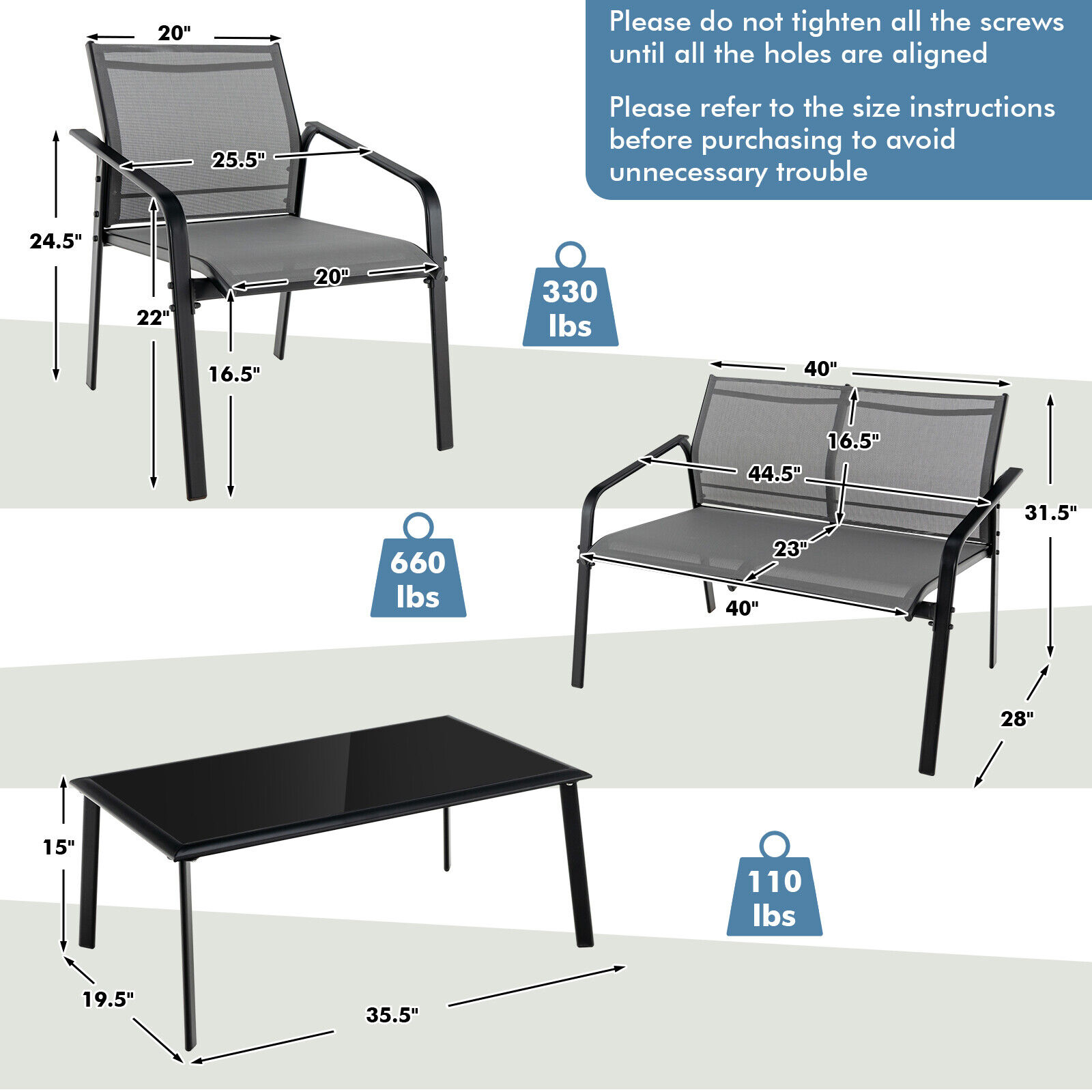 OUTGOO 4 Pieces Patio Furniture Set with Armrest Loveseat Sofas and Glass Table Deck