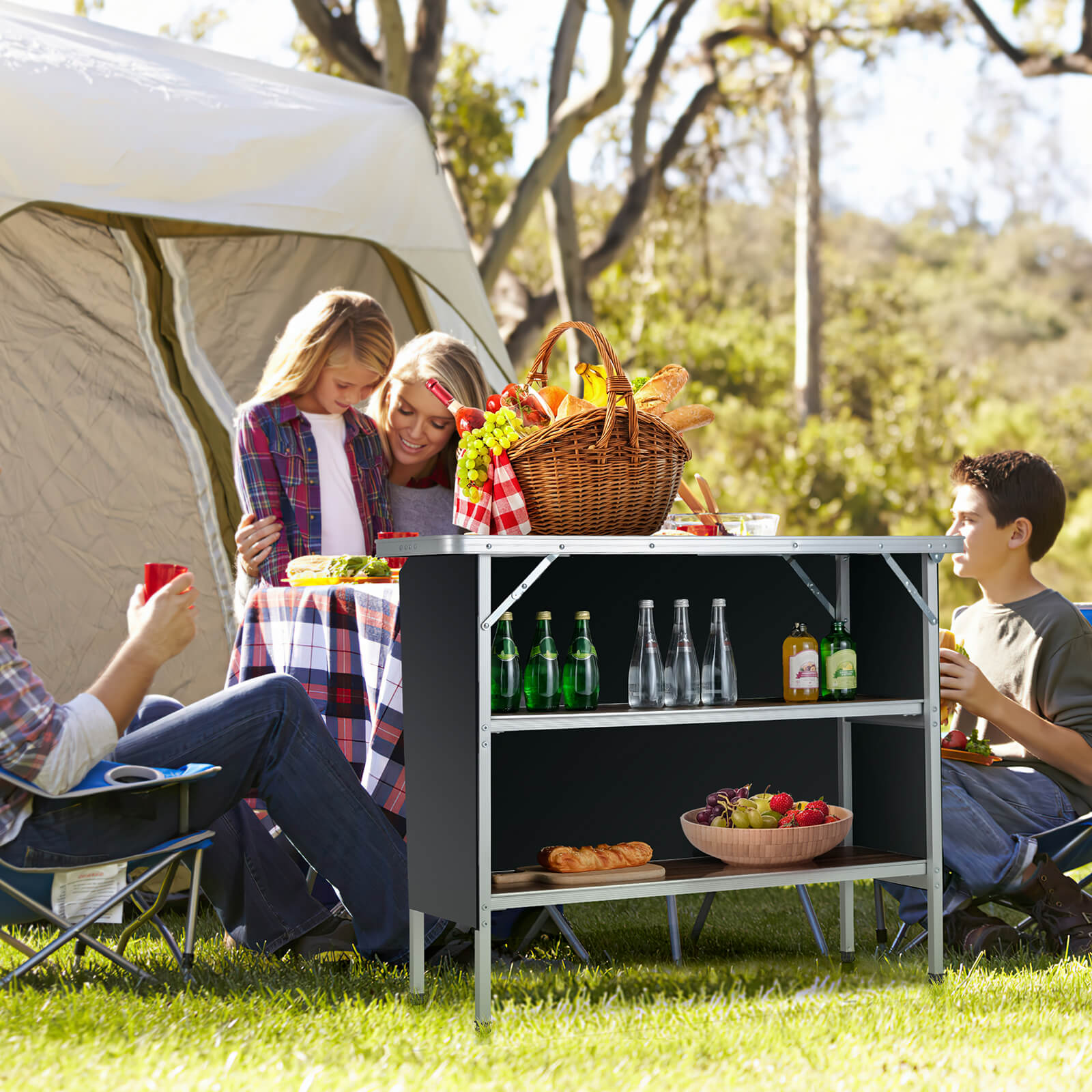 OUTGOO Folding Camping Table with 2-Tier Open Shelves for Outdoor BBQ for Home, Patio, Outdoor and Everyday Use