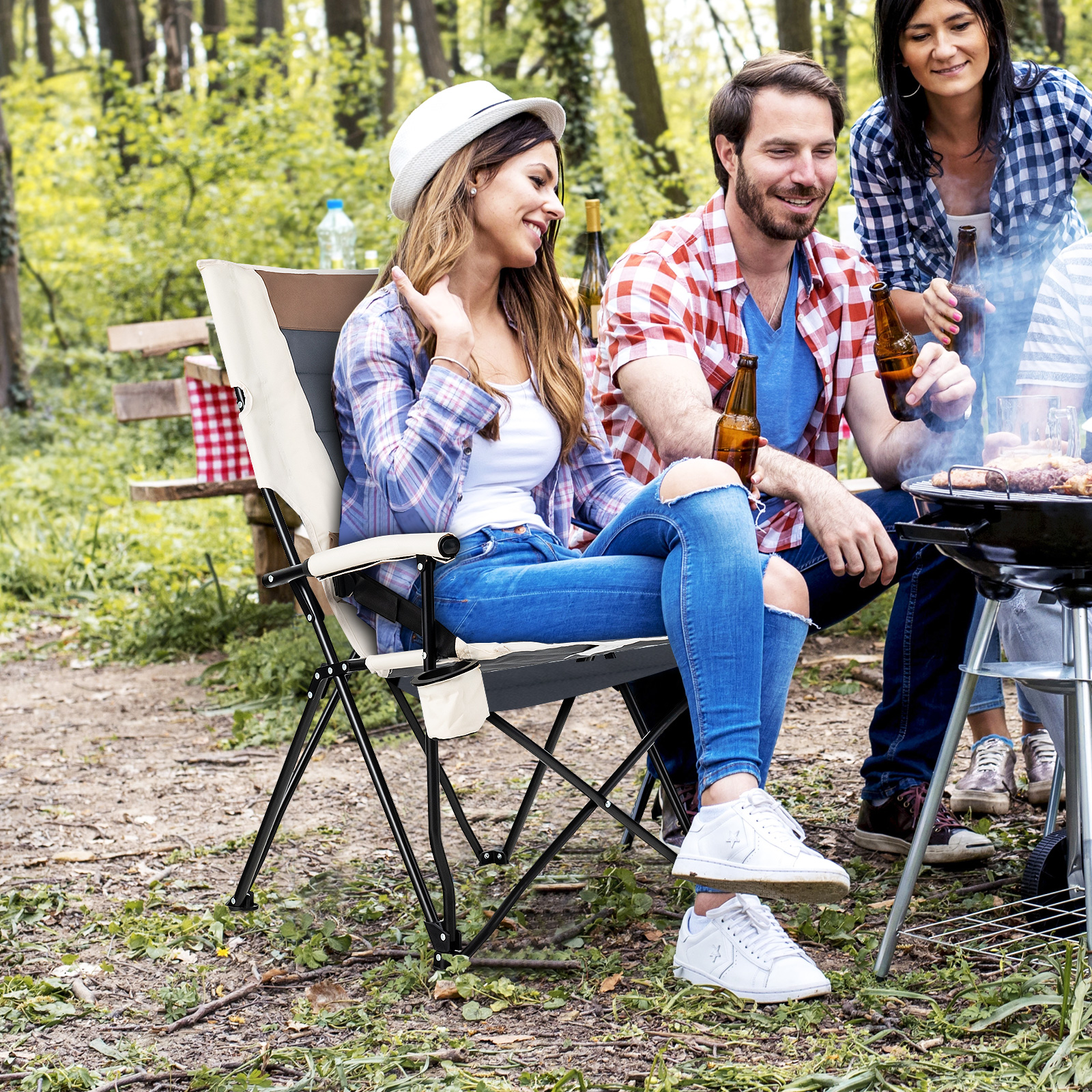 OUTGOO Folding Camping Chair with Cup Holder Armrest and Lumbar Pillow for Home, Patio, Outdoor and Everyday Use