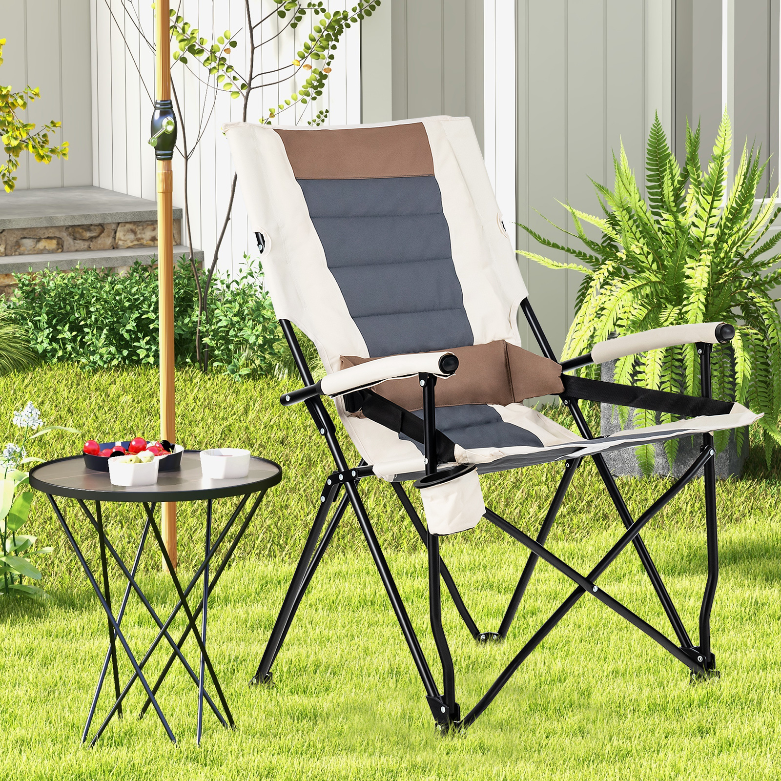 OUTGOO Folding Camping Chair with Cup Holder Armrest and Lumbar Pillow for Home, Patio, Outdoor and Everyday Use