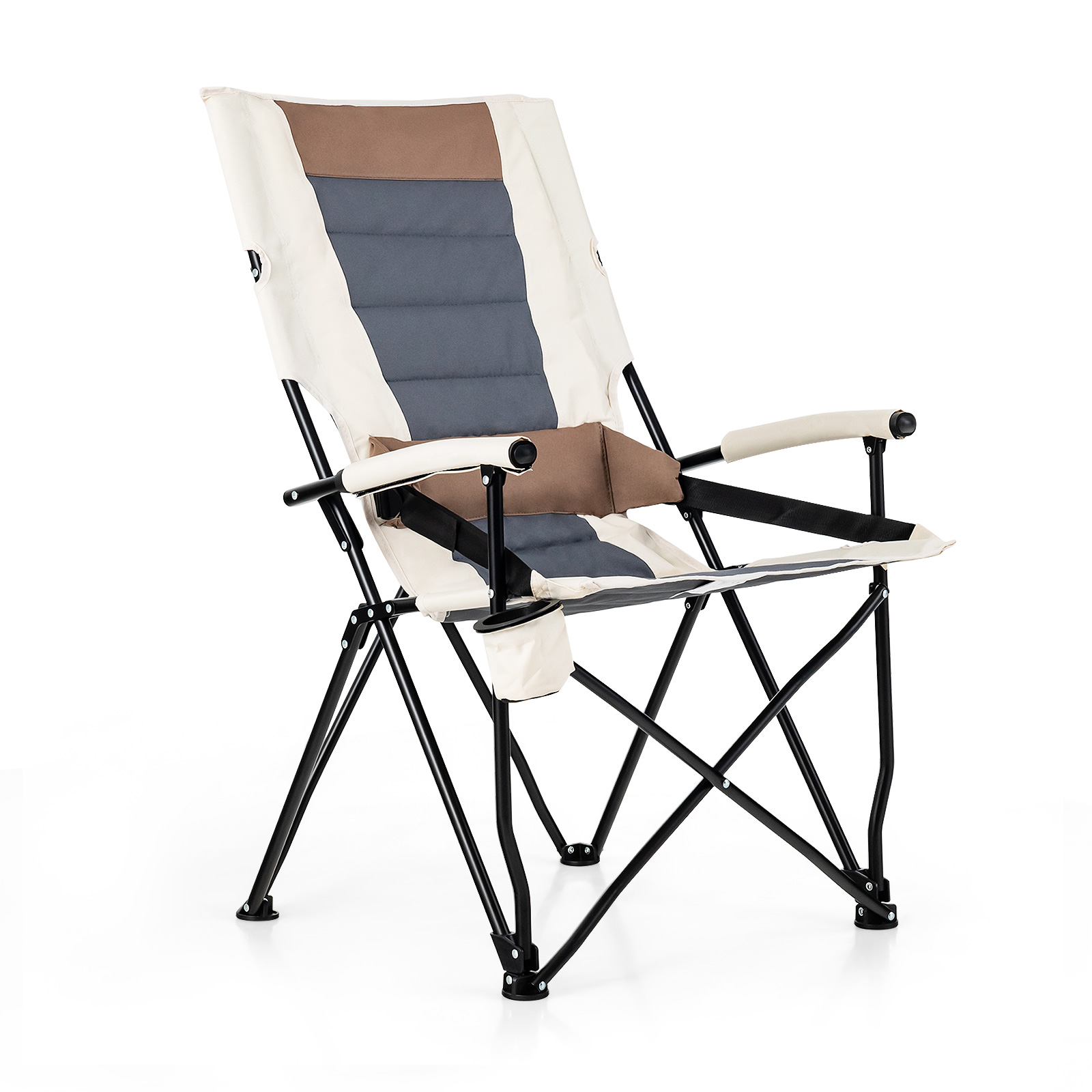OUTGOO Folding Camping Chair with Cup Holder Armrest and Lumbar Pillow for Home, Patio, Outdoor and Everyday Use