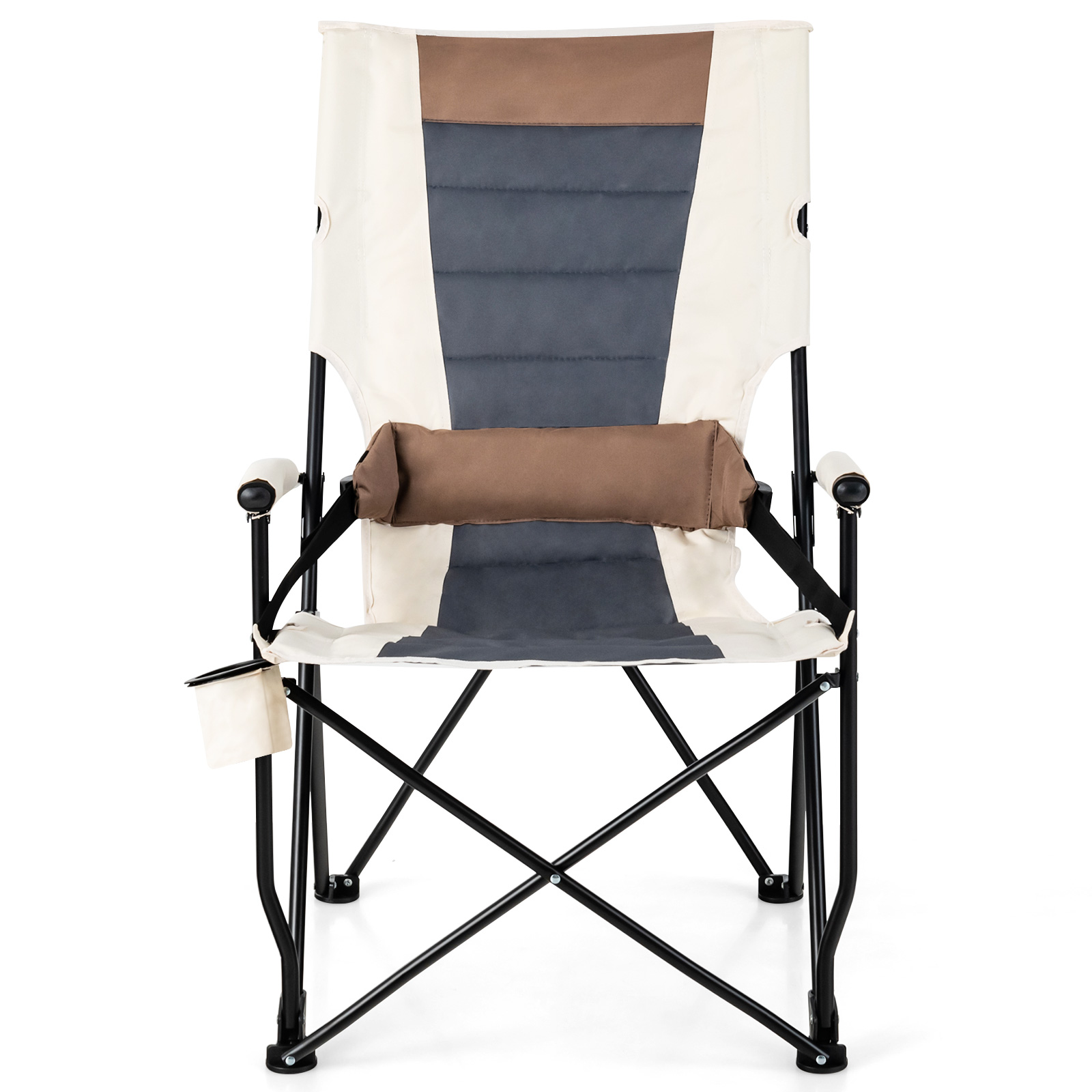 OUTGOO Folding Camping Chair with Cup Holder Armrest and Lumbar Pillow for Home, Patio, Outdoor and Everyday Use