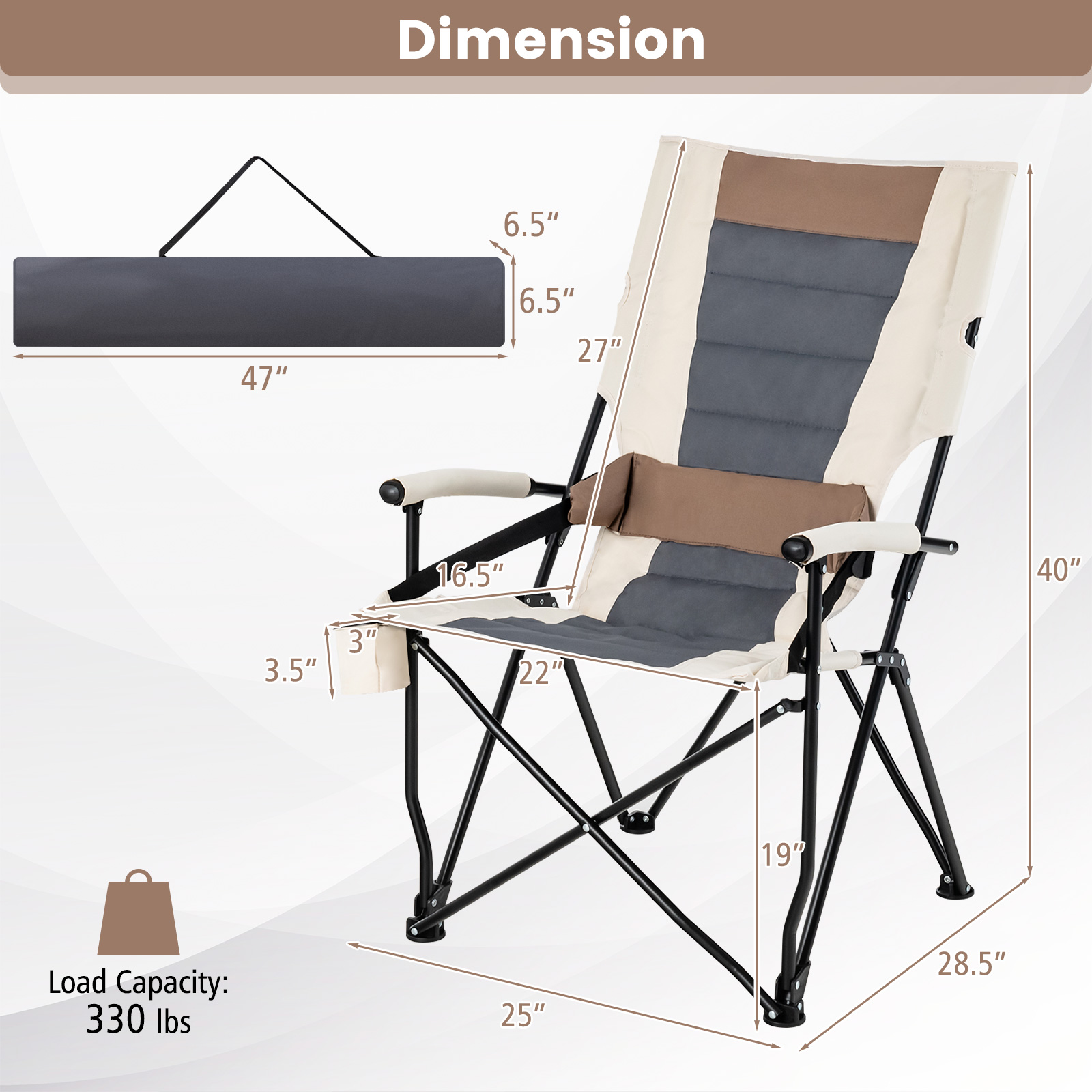 OUTGOO Folding Camping Chair with Cup Holder Armrest and Lumbar Pillow for Home, Patio, Outdoor and Everyday Use
