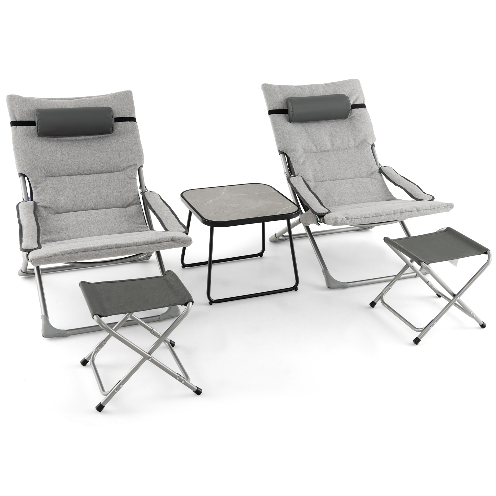 OUTGOO 5-Piece Patio Sling Chair Set Folding Lounge Chairs with Footrests and Coffee Table