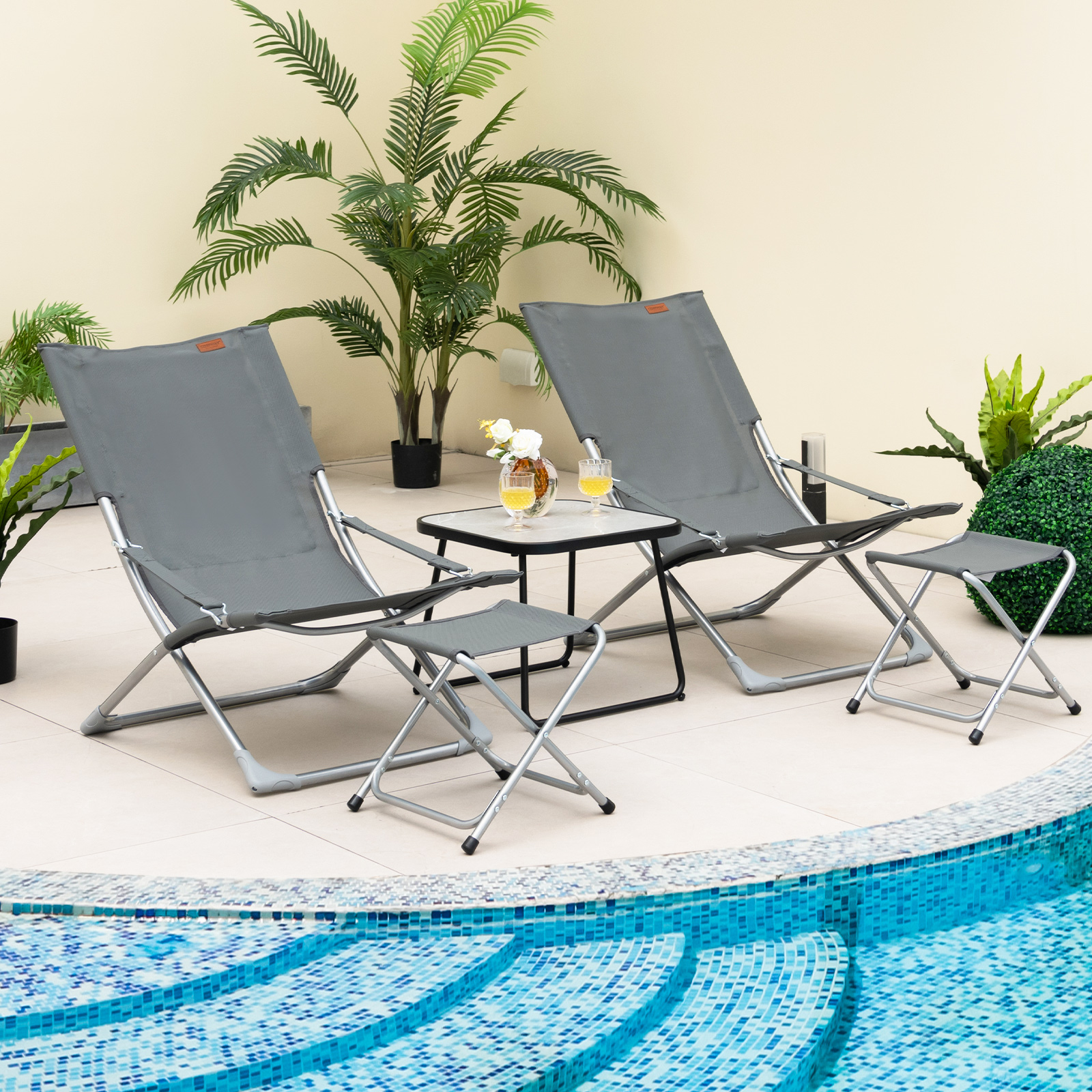OUTGOO 5-Piece Patio Sling Chair Set Folding Lounge Chairs with Footrests and Coffee Table