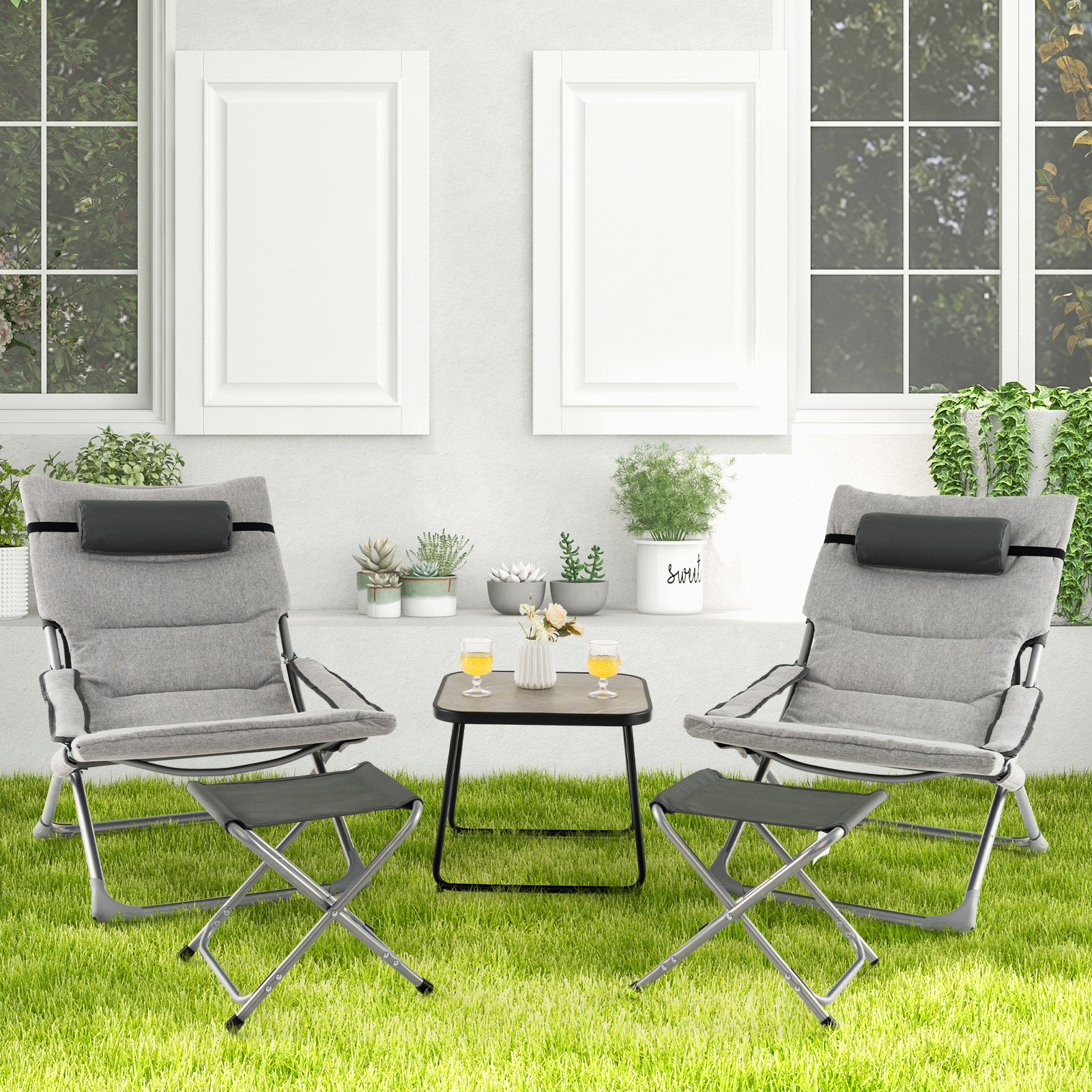 OUTGOO 5-Piece Patio Sling Chair Set Folding Lounge Chairs with Footrests and Coffee Table