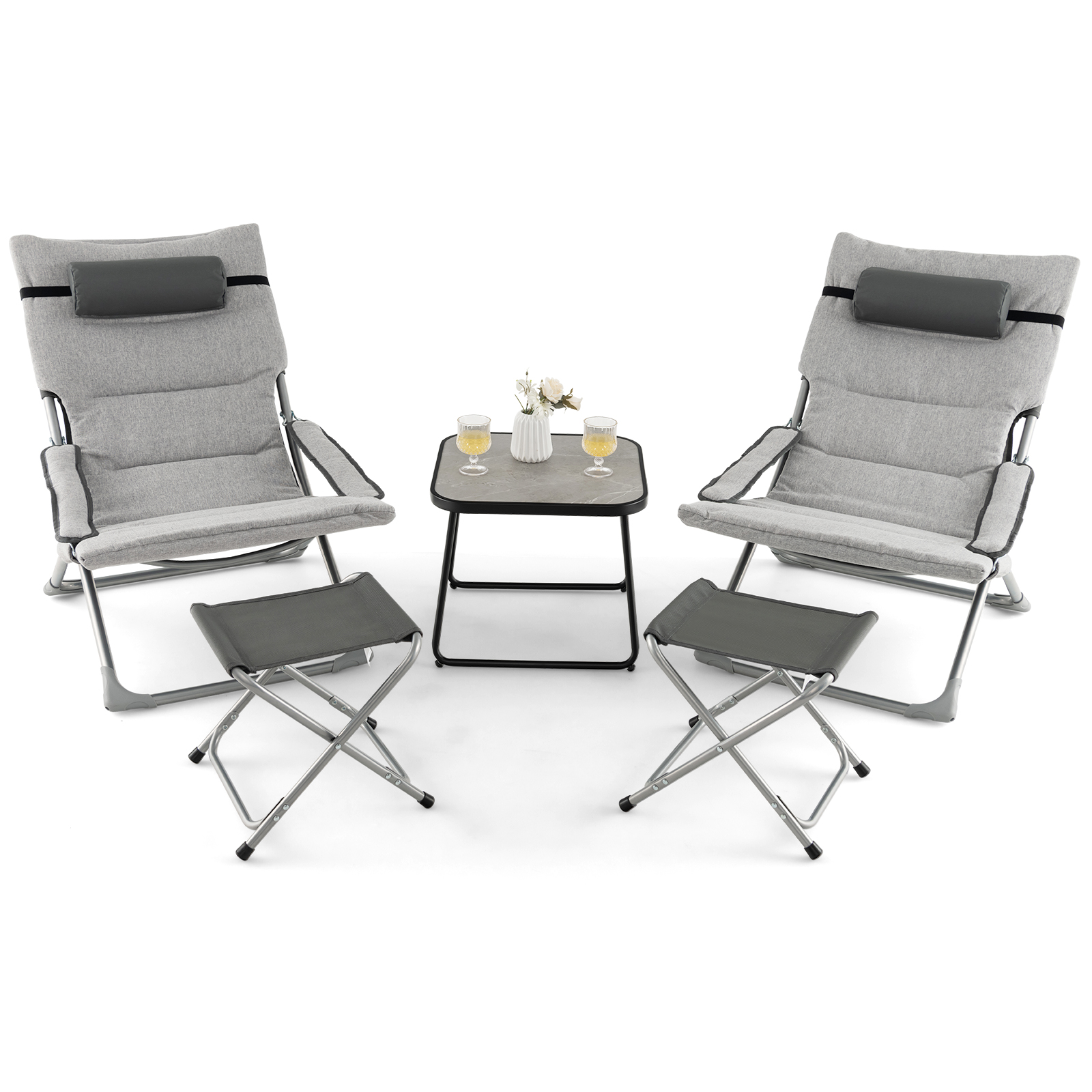 OUTGOO 5-Piece Patio Sling Chair Set Folding Lounge Chairs with Footrests and Coffee Table