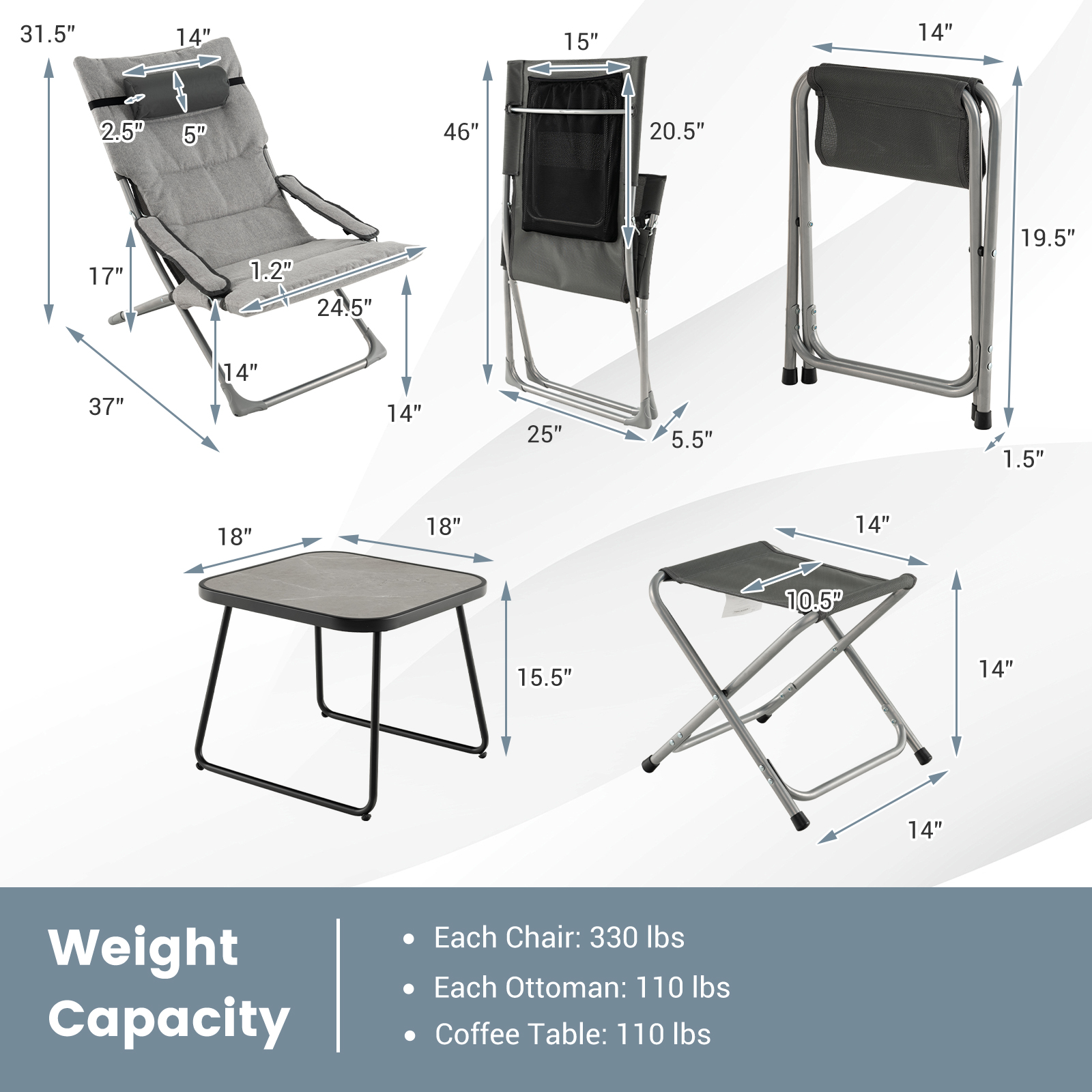 OUTGOO 5-Piece Patio Sling Chair Set Folding Lounge Chairs with Footrests and Coffee Table
