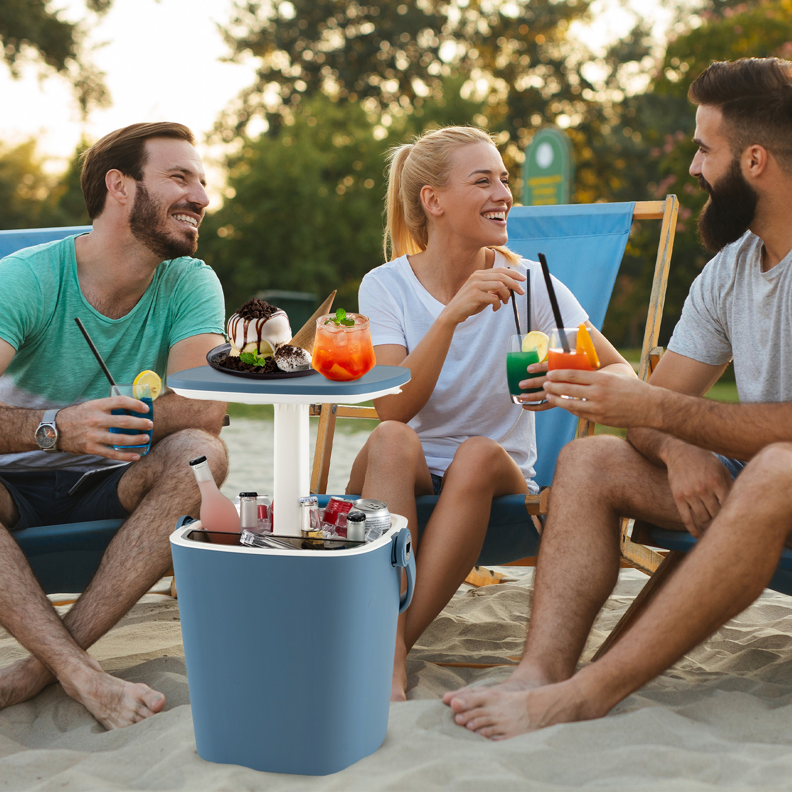 OUTGOO 3-in-1 Portable Cooler Bar Table with Bottle Opener and Lift Top Lid for Camping Poolside