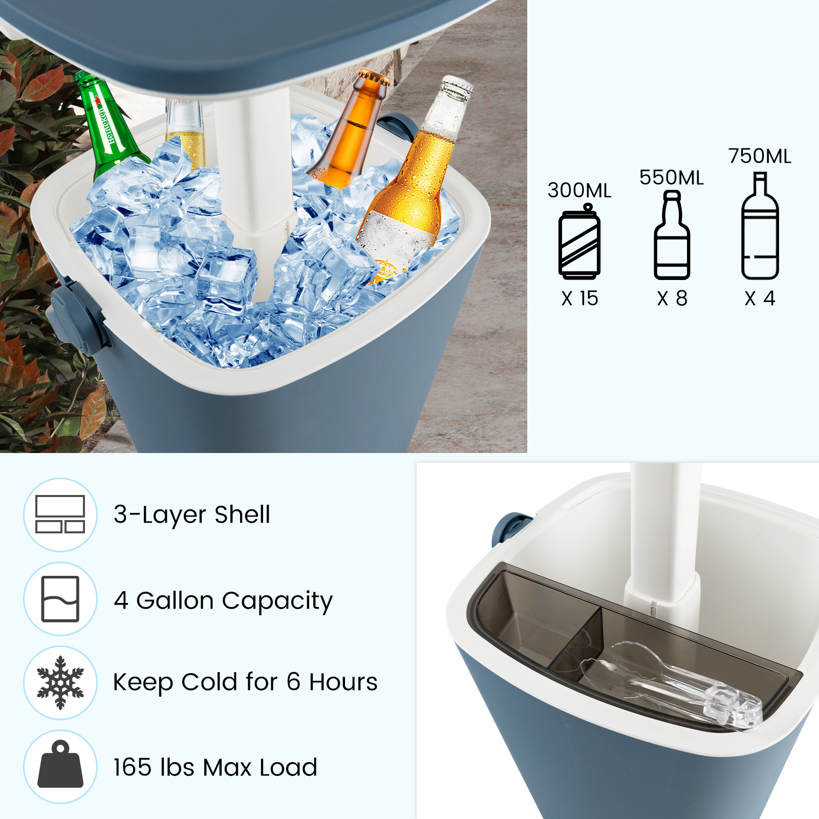 OUTGOO 3-in-1 Portable Cooler Bar Table with Bottle Opener and Lift Top Lid for Camping Poolside