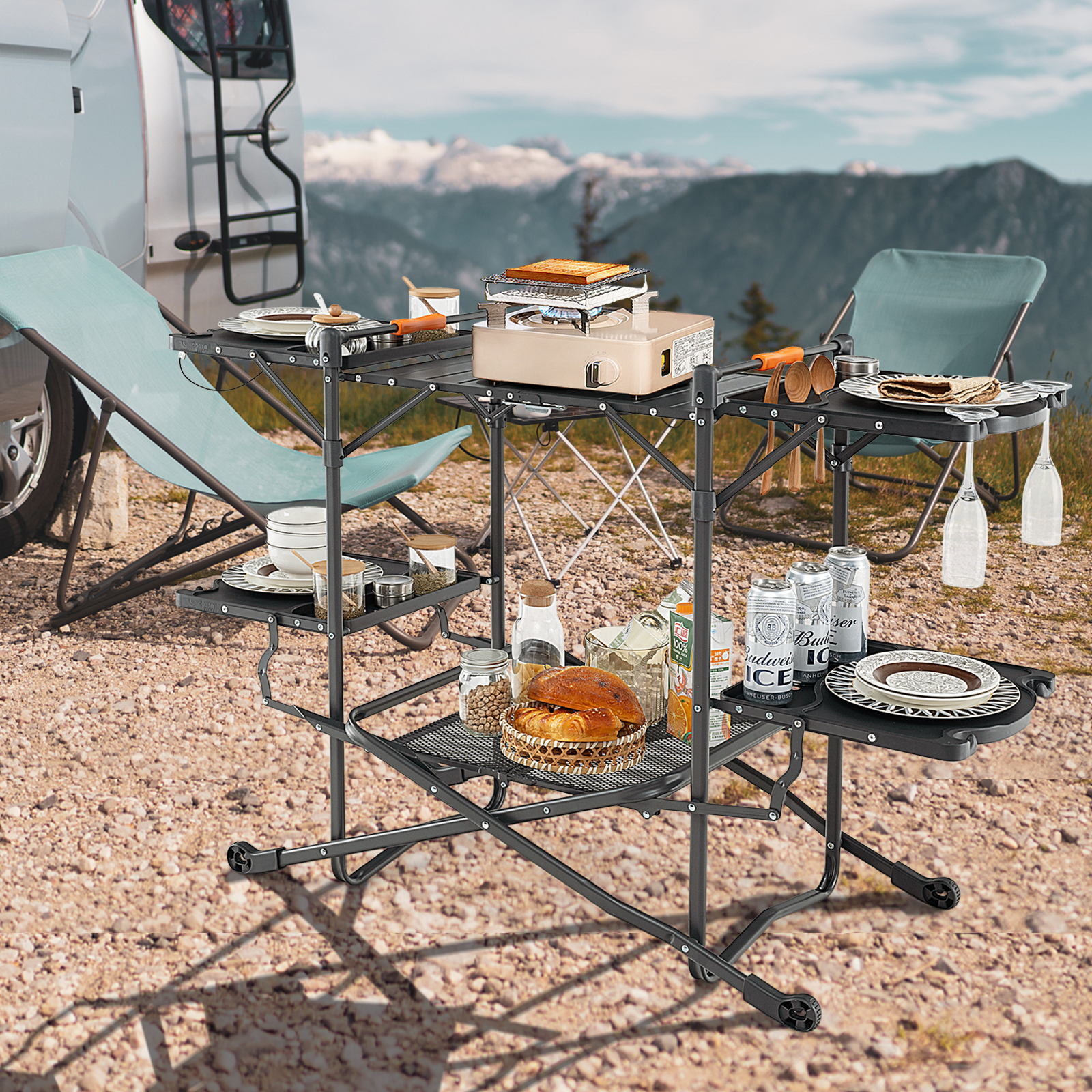 OUTGOO Folding Portable Outdoor Cook Station with Heat-Resistant Aluminum Tabletop