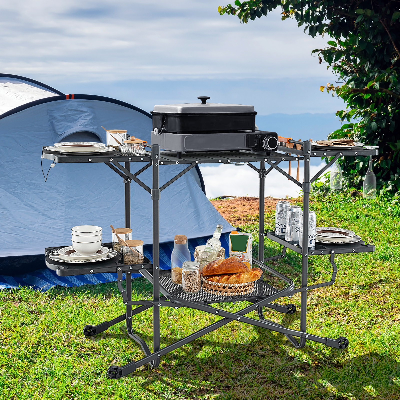 OUTGOO Folding Portable Outdoor Cook Station with Heat-Resistant Aluminum Tabletop
