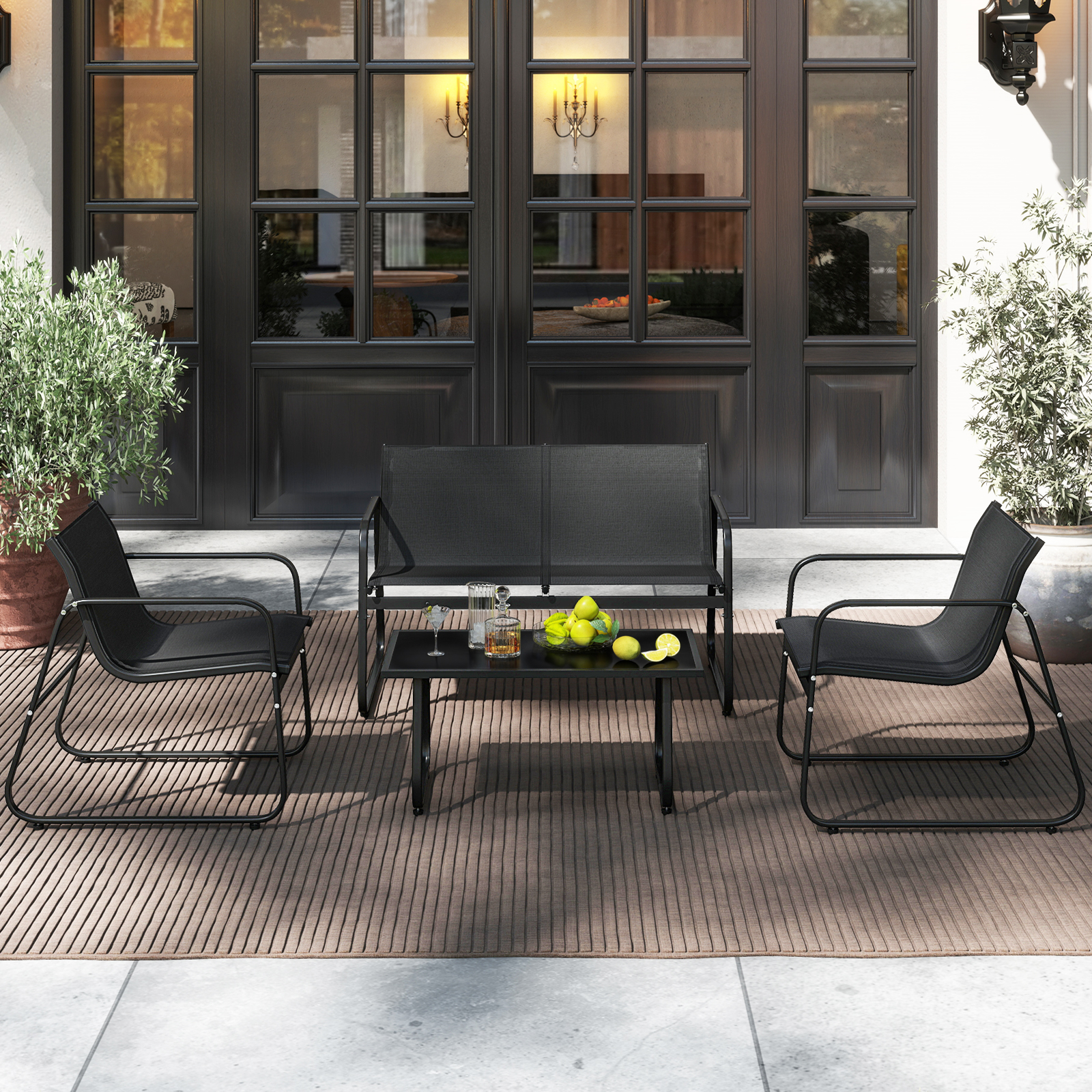 OUTGOO 4 Pieces Patio Furniture Set Fabric Lawn Chairs and Loveseat with Glass Coffee Table