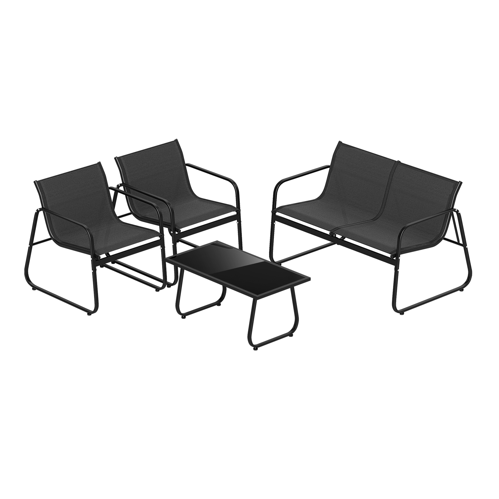 OUTGOO 4 Pieces Patio Furniture Set Fabric Lawn Chairs and Loveseat with Glass Coffee Table
