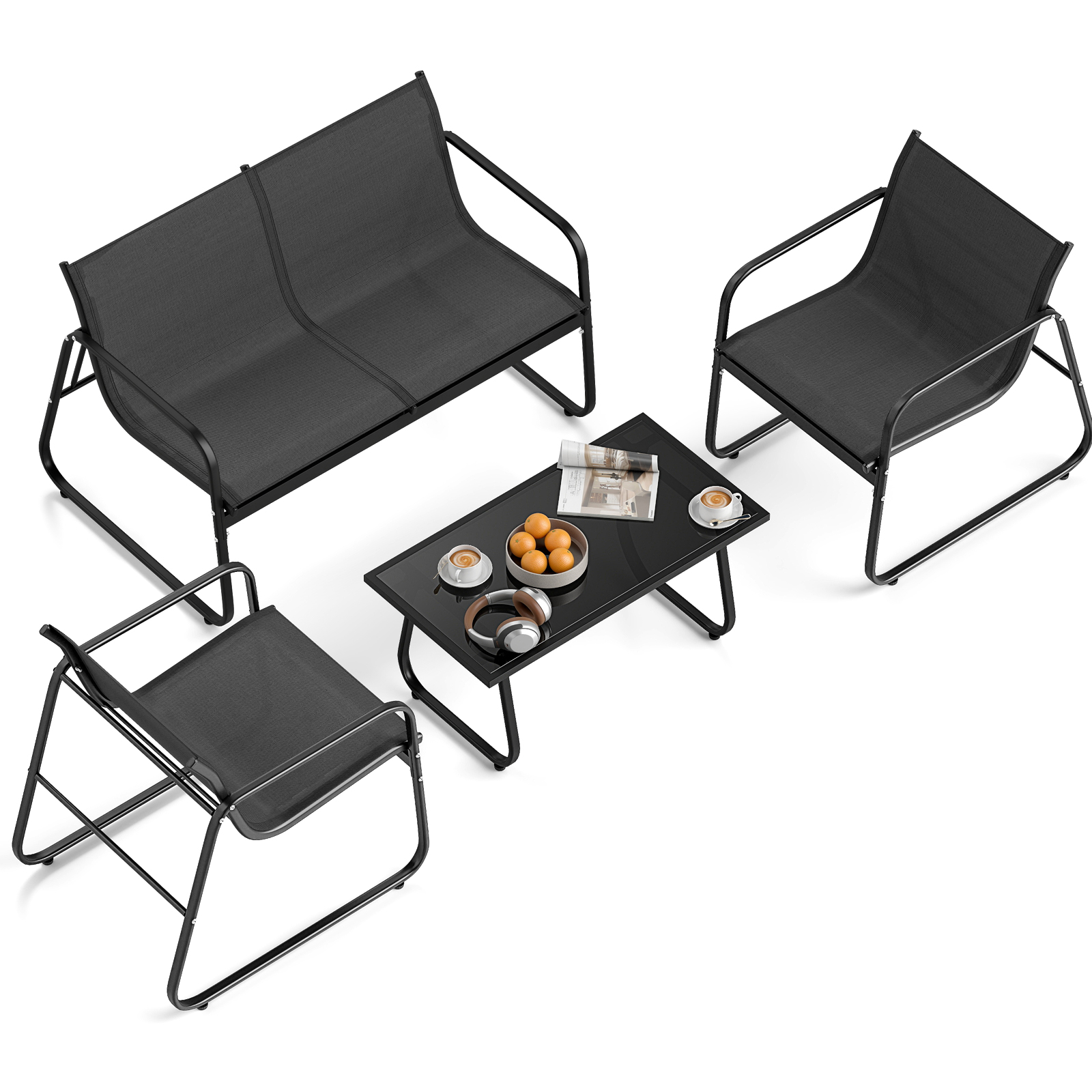 OUTGOO 4 Pieces Patio Furniture Set Fabric Lawn Chairs and Loveseat with Glass Coffee Table